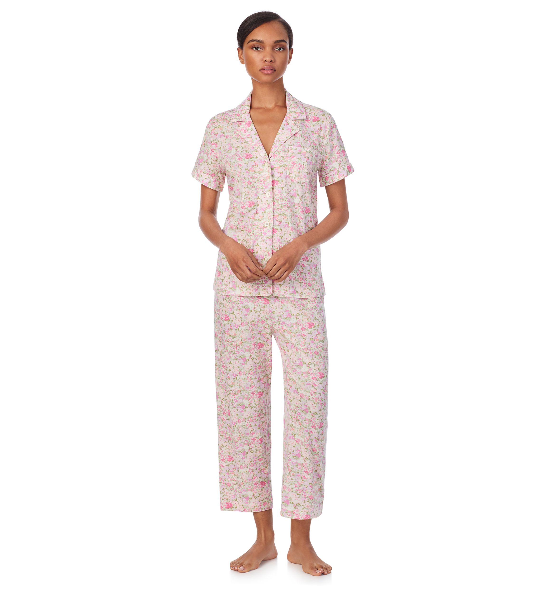 Short Sleeve Notch Collar Cropped Pant Pajama Set