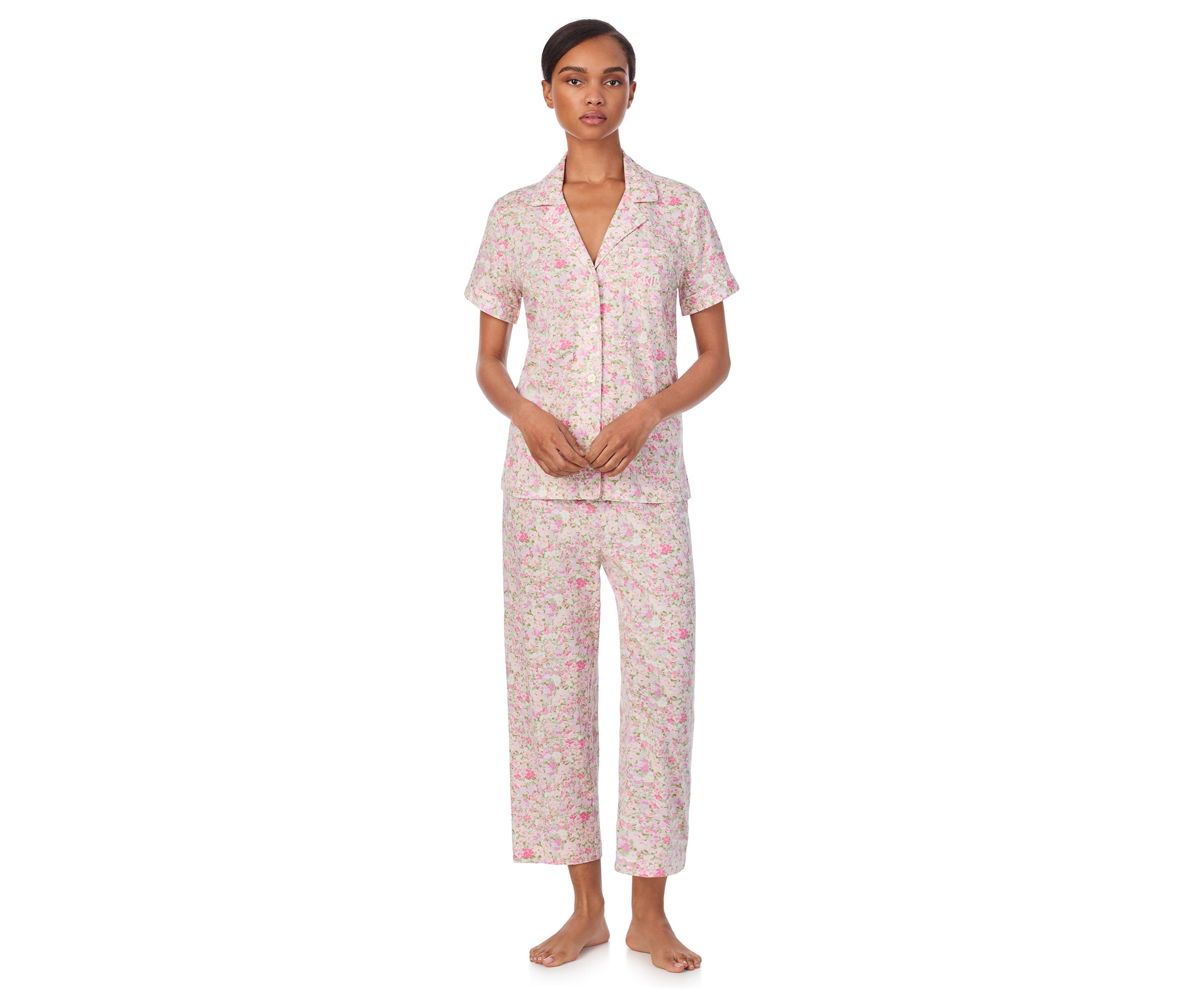 Short Sleeve Notch Collar Cropped Pant Pajama Set