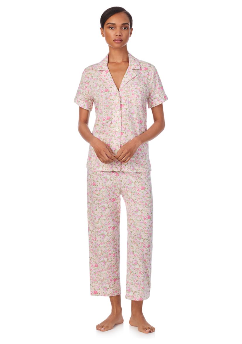 Short Sleeve Notch Collar Cropped Pant Pajama Set