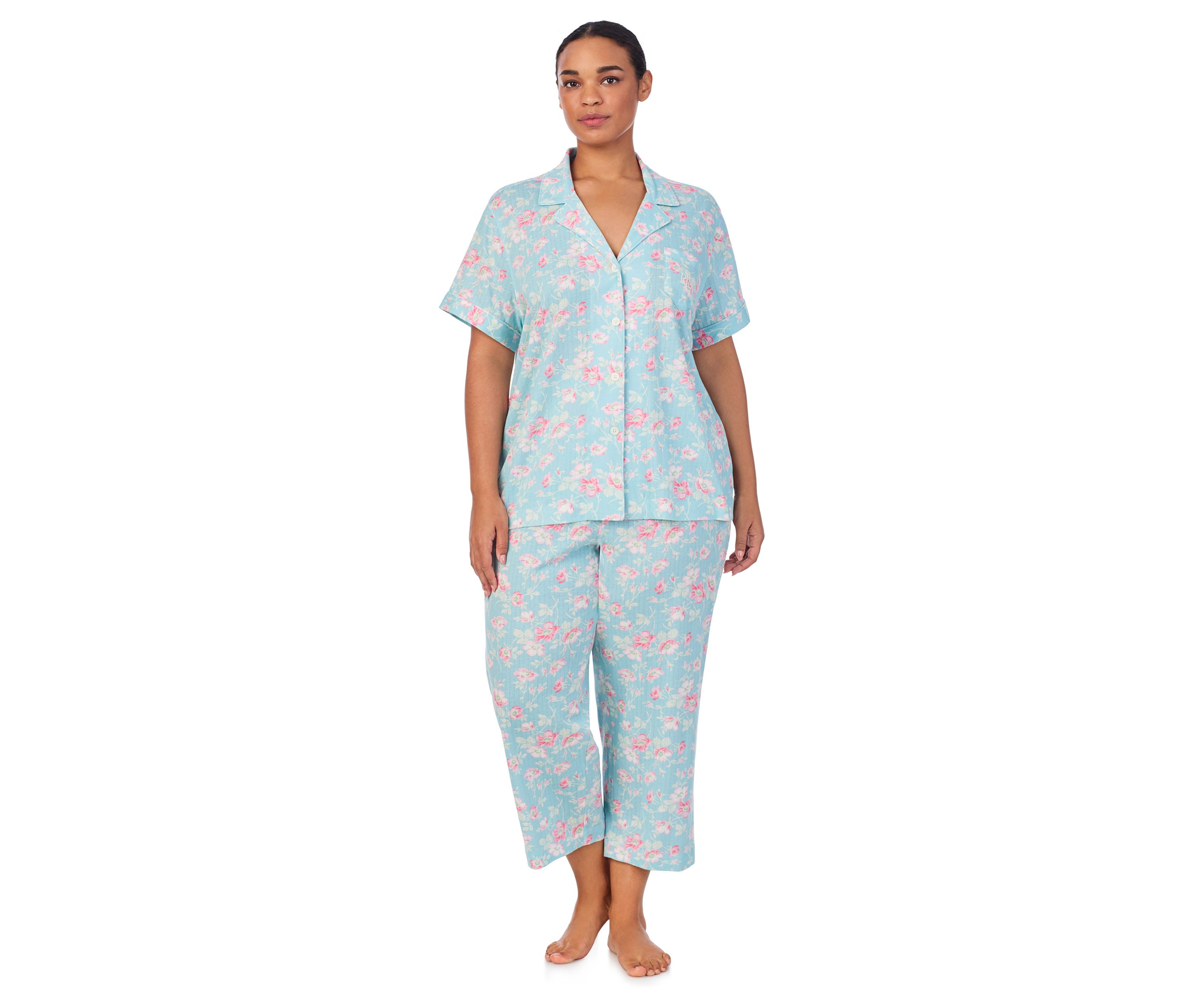 Plus Size Short Sleeve Notch Collar Cropped Pant Pajama Set