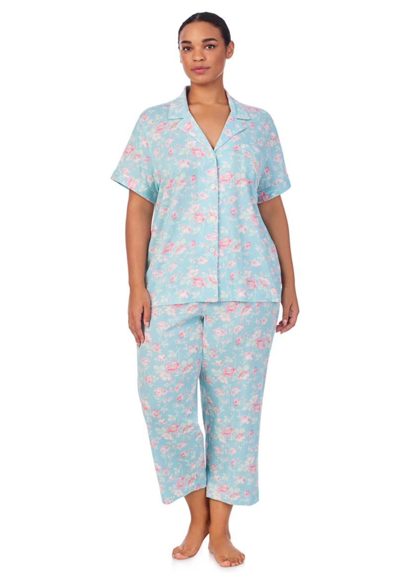 Plus Size Short Sleeve Notch Collar Cropped Pant Pajama Set