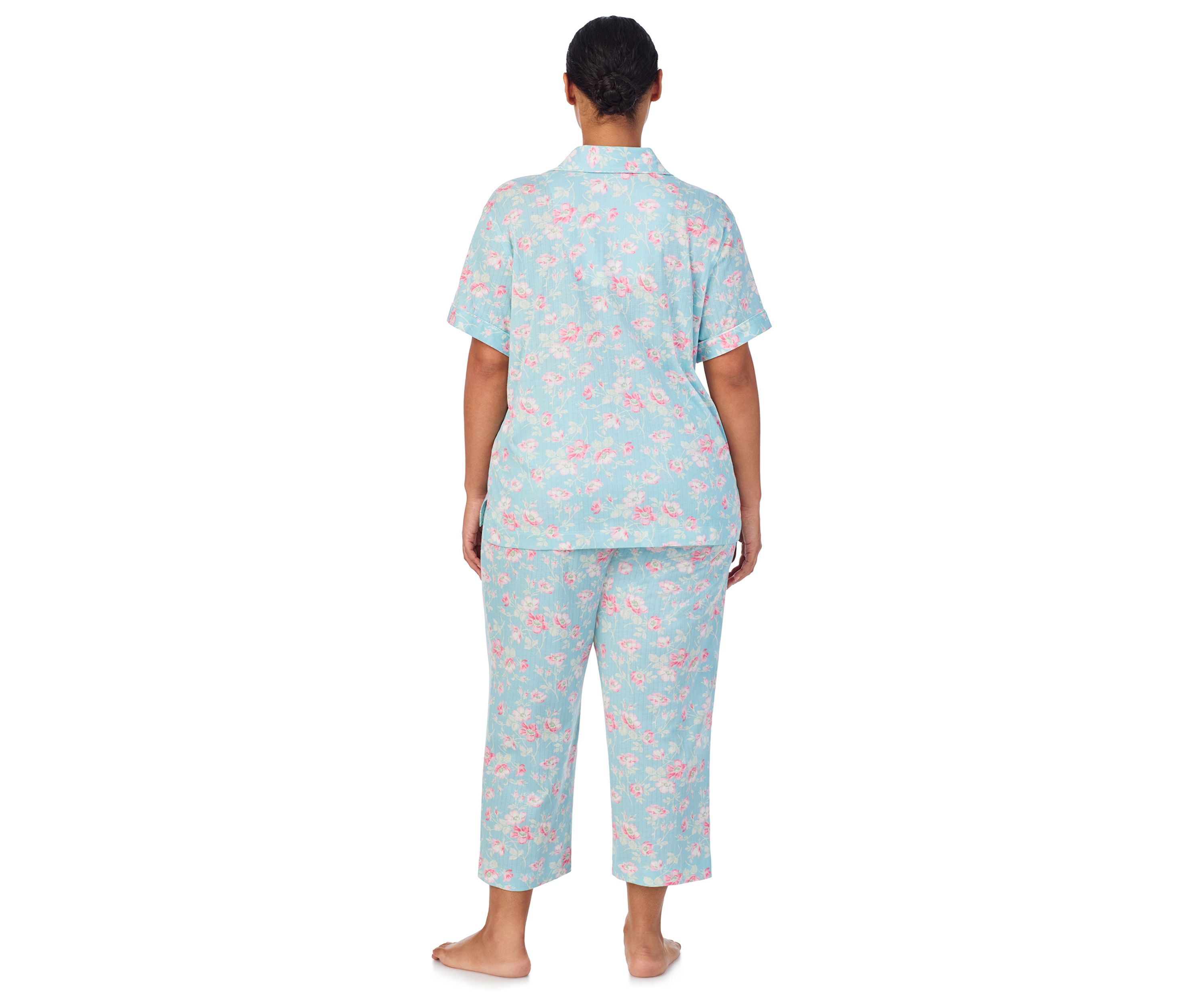 Plus Size Short Sleeve Notch Collar Cropped Pant Pajama Set