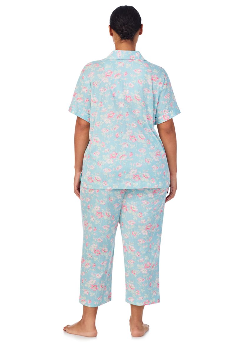 Plus Size Short Sleeve Notch Collar Cropped Pant Pajama Set
