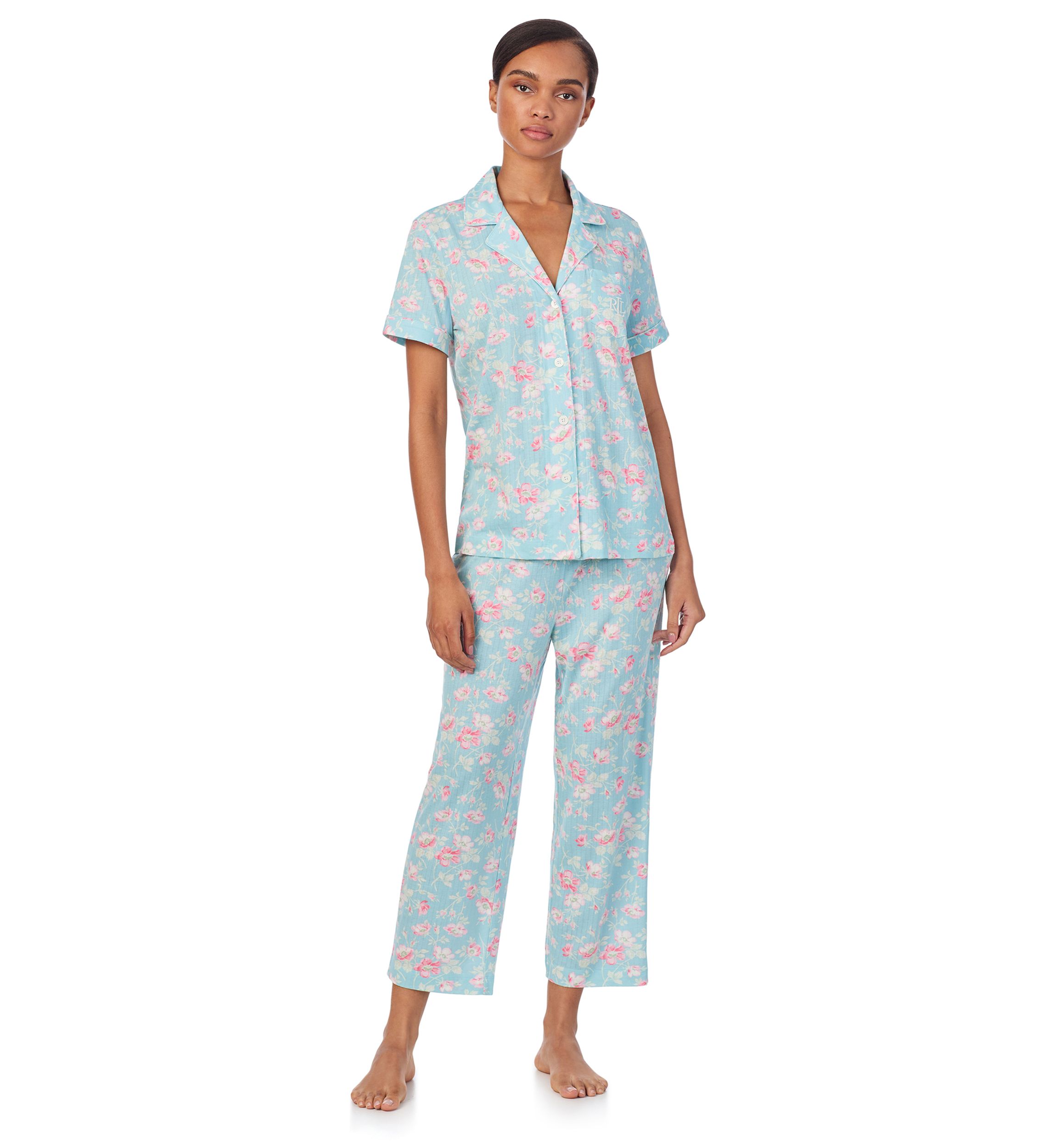 Short Sleeve Notch Collar Cropped Pant Pajama Set