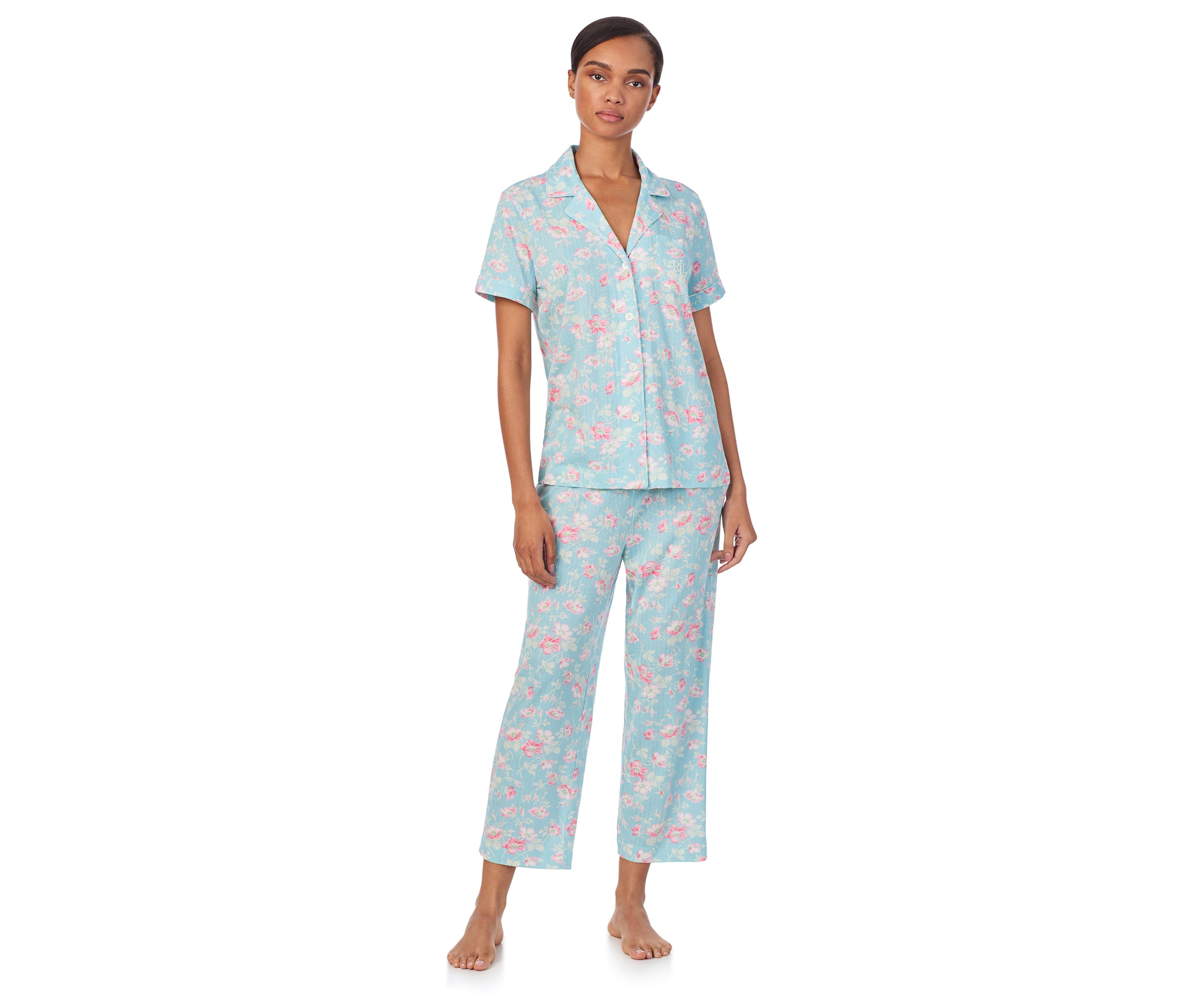 Short Sleeve Notch Collar Cropped Pant Pajama Set