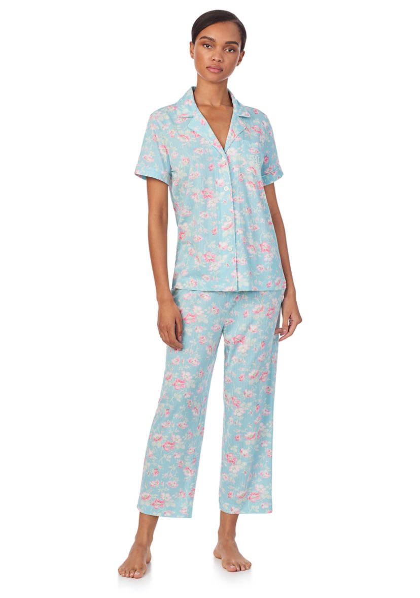 Short Sleeve Notch Collar Cropped Pant Pajama Set