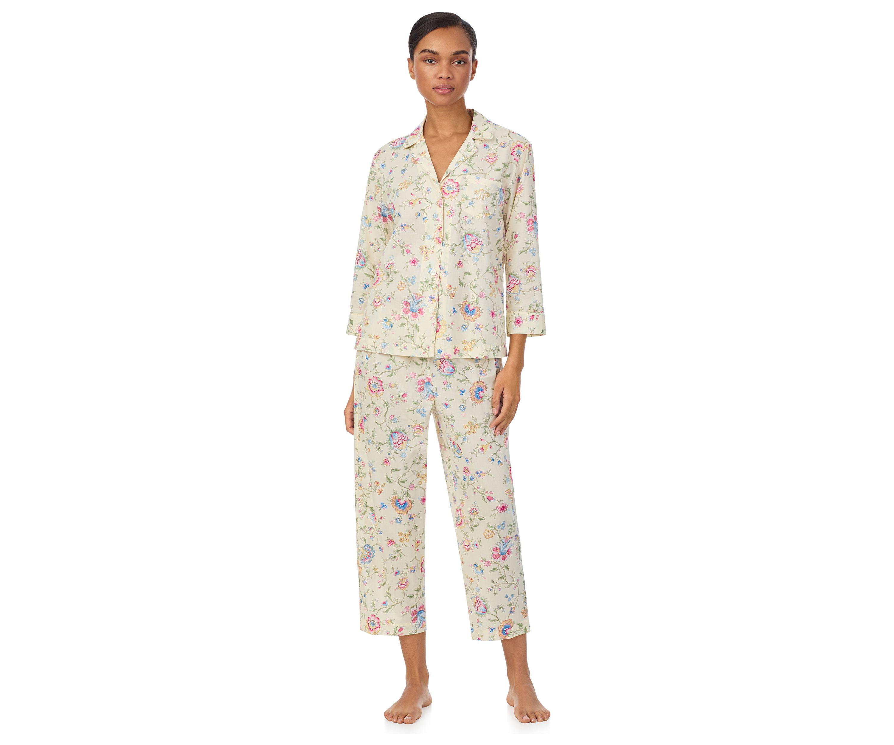 3/4 Sleeve Notch Collar Cropped Pants Pajama Set
