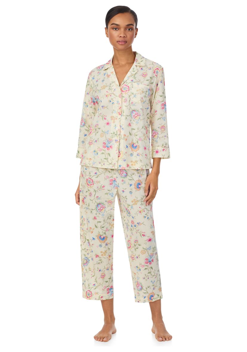 3/4 Sleeve Notch Collar Cropped Pants Pajama Set