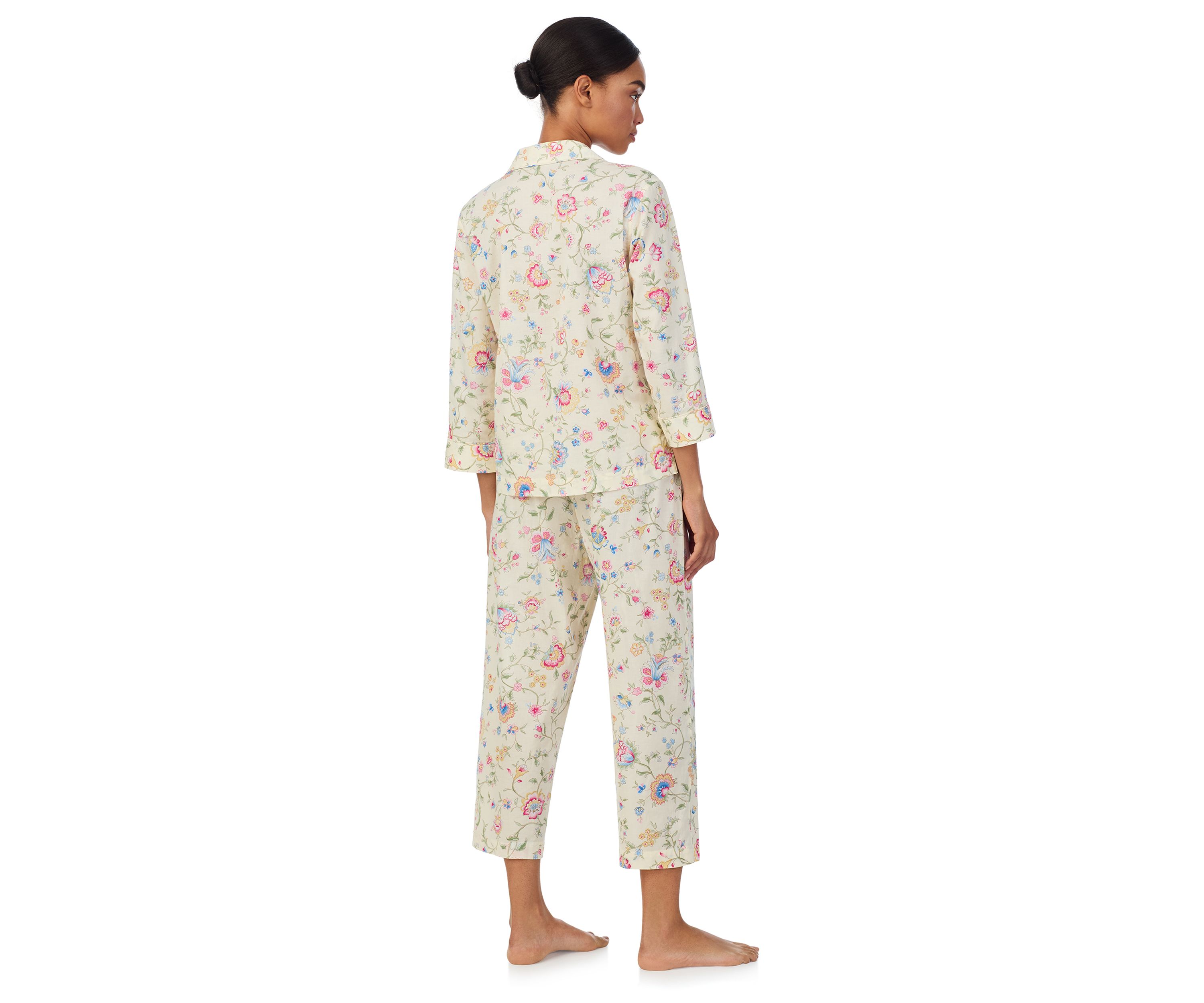 3/4 Sleeve Notch Collar Cropped Pants Pajama Set