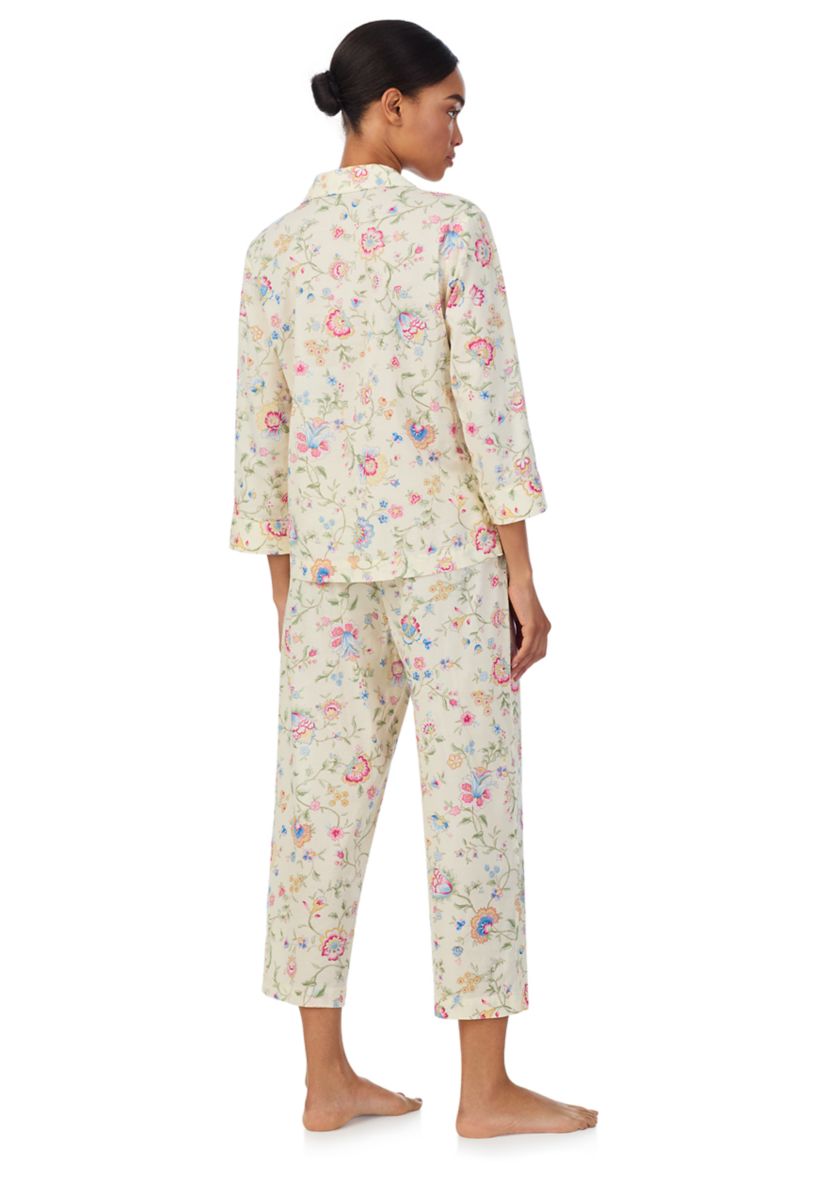 3/4 Sleeve Notch Collar Cropped Pants Pajama Set