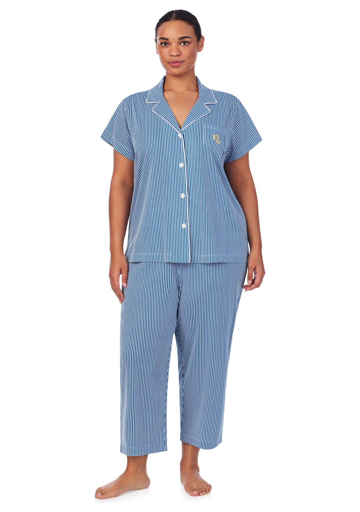 Plus Size Short Sleeve Notch Collar Cropped Pants Pajama Set