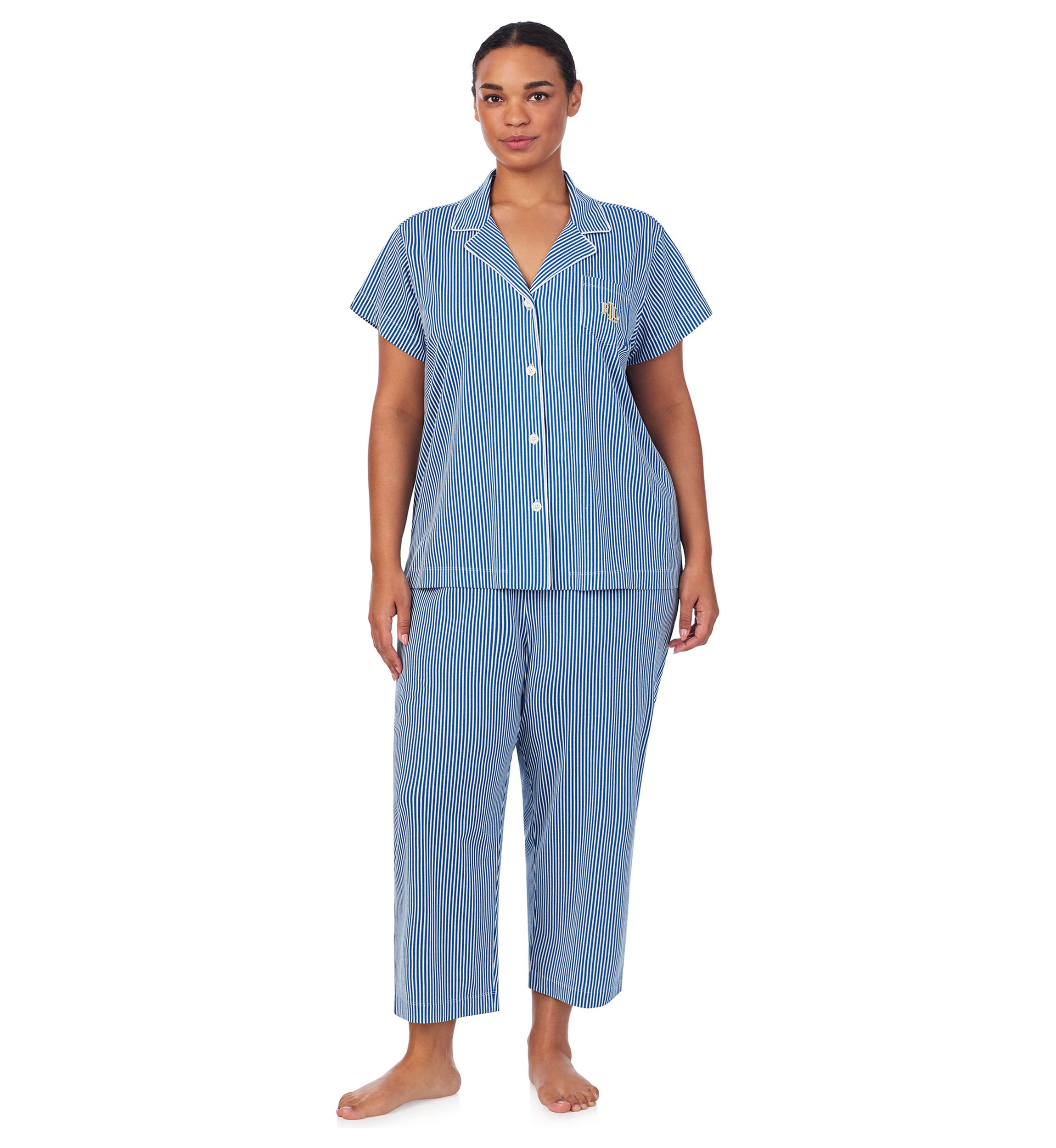 Plus Size Short Sleeve Notch Collar Cropped Pants Pajama Set
