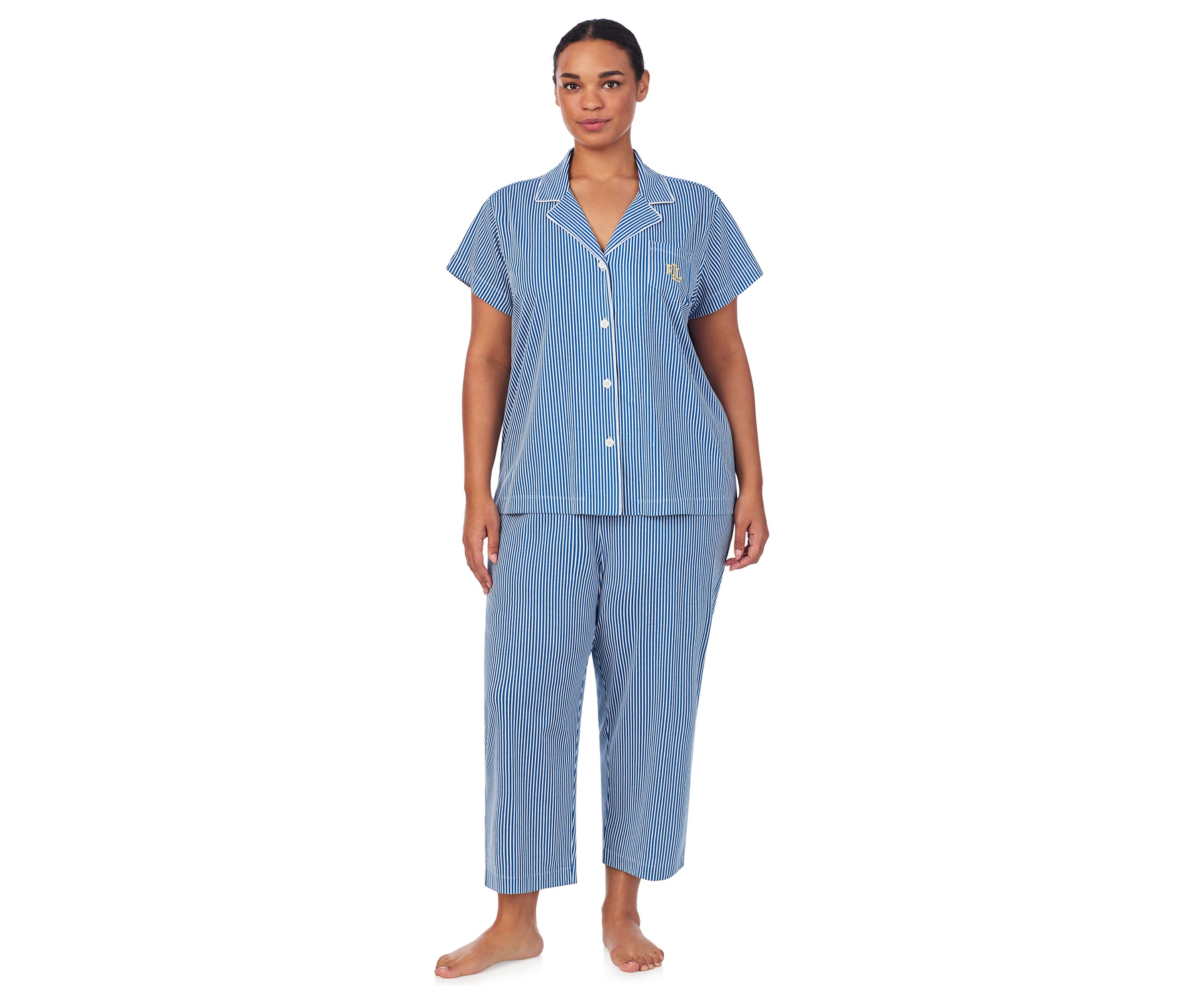 Plus Size Short Sleeve Notch Collar Cropped Pants Pajama Set