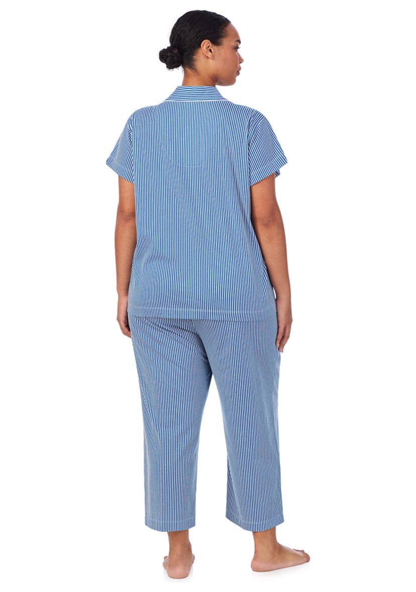 Plus Size Short Sleeve Notch Collar Cropped Pants Pajama Set