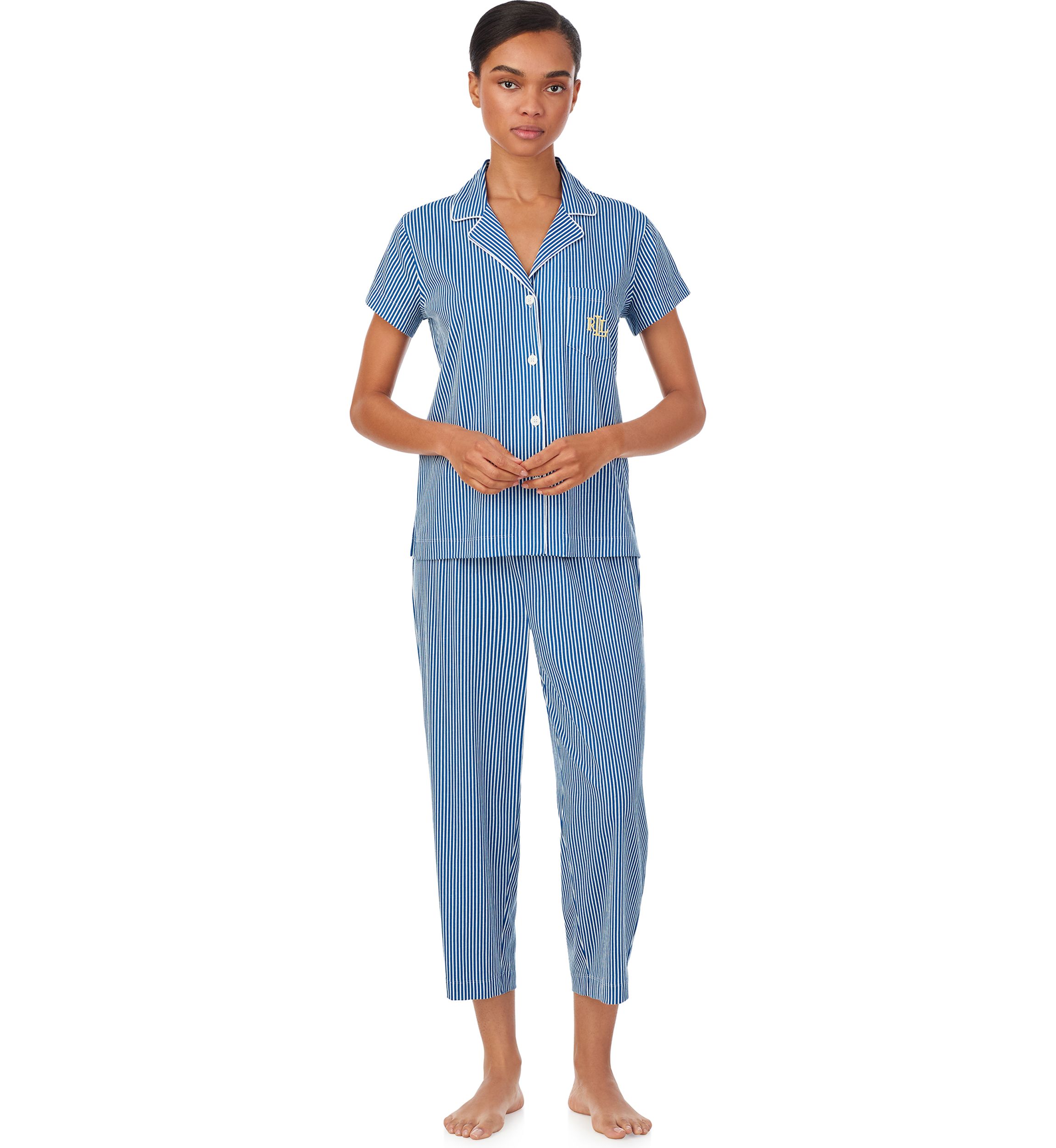 Short Sleeve Notch Collar Cropped Pants Pajama Set