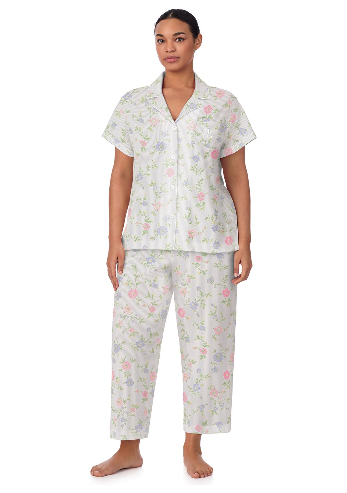 Plus Size Short Sleeve Notch Collar Cropped Pant Pajama Set