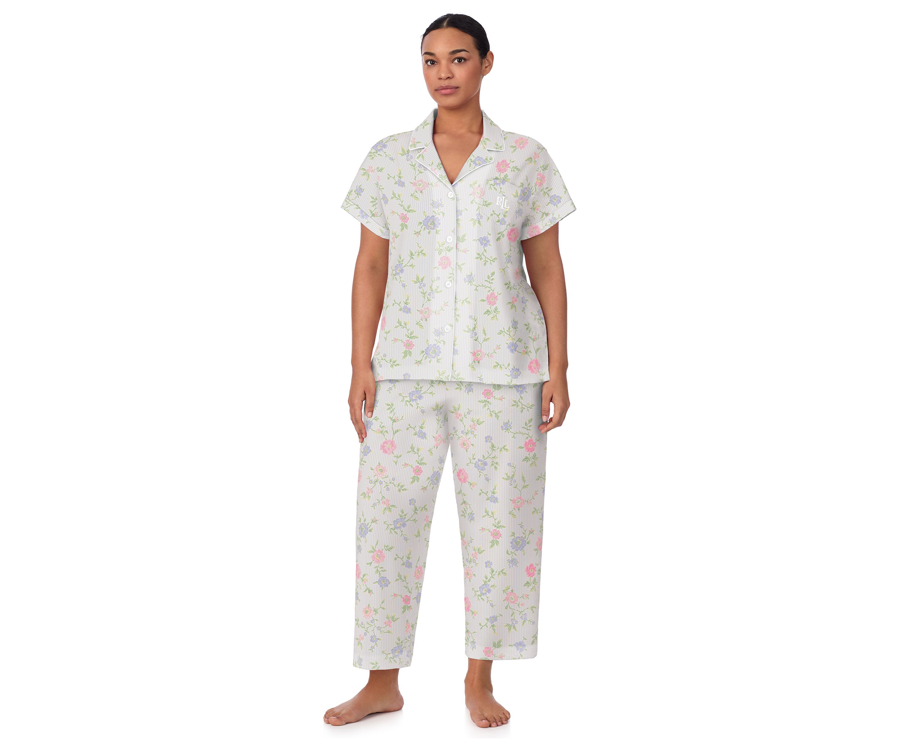 Plus Size Short Sleeve Notch Collar Cropped Pant Pajama Set