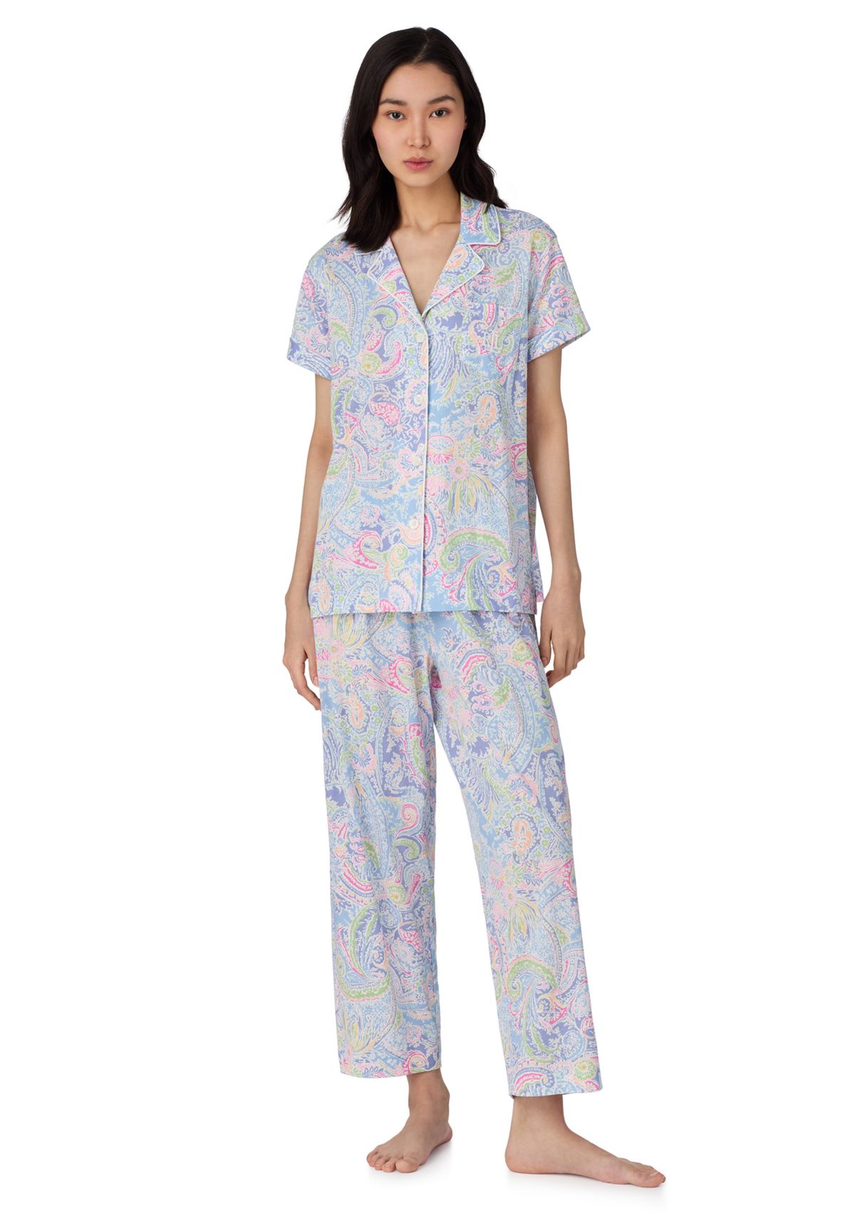 Short Sleeve Notch Collar Cropped Pants Pajama Set