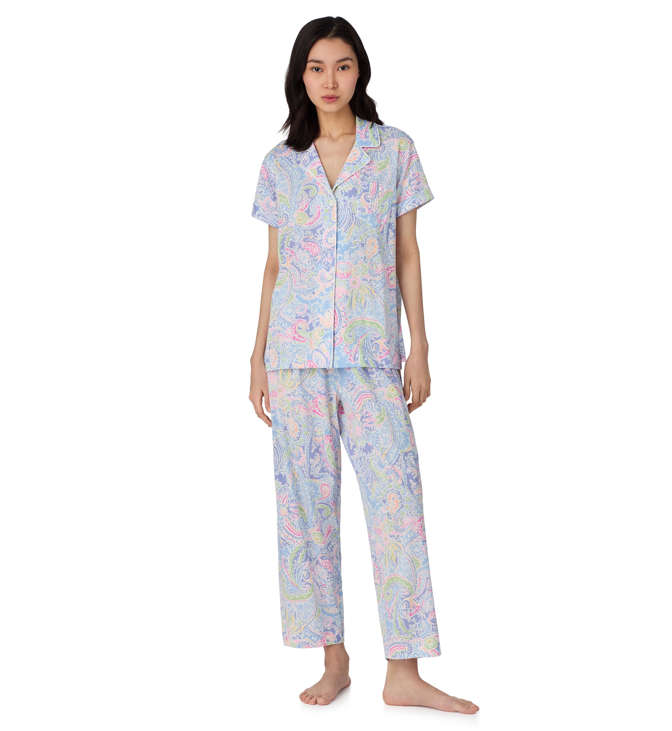 Short Sleeve Notch Collar Cropped Pants Pajama Set
