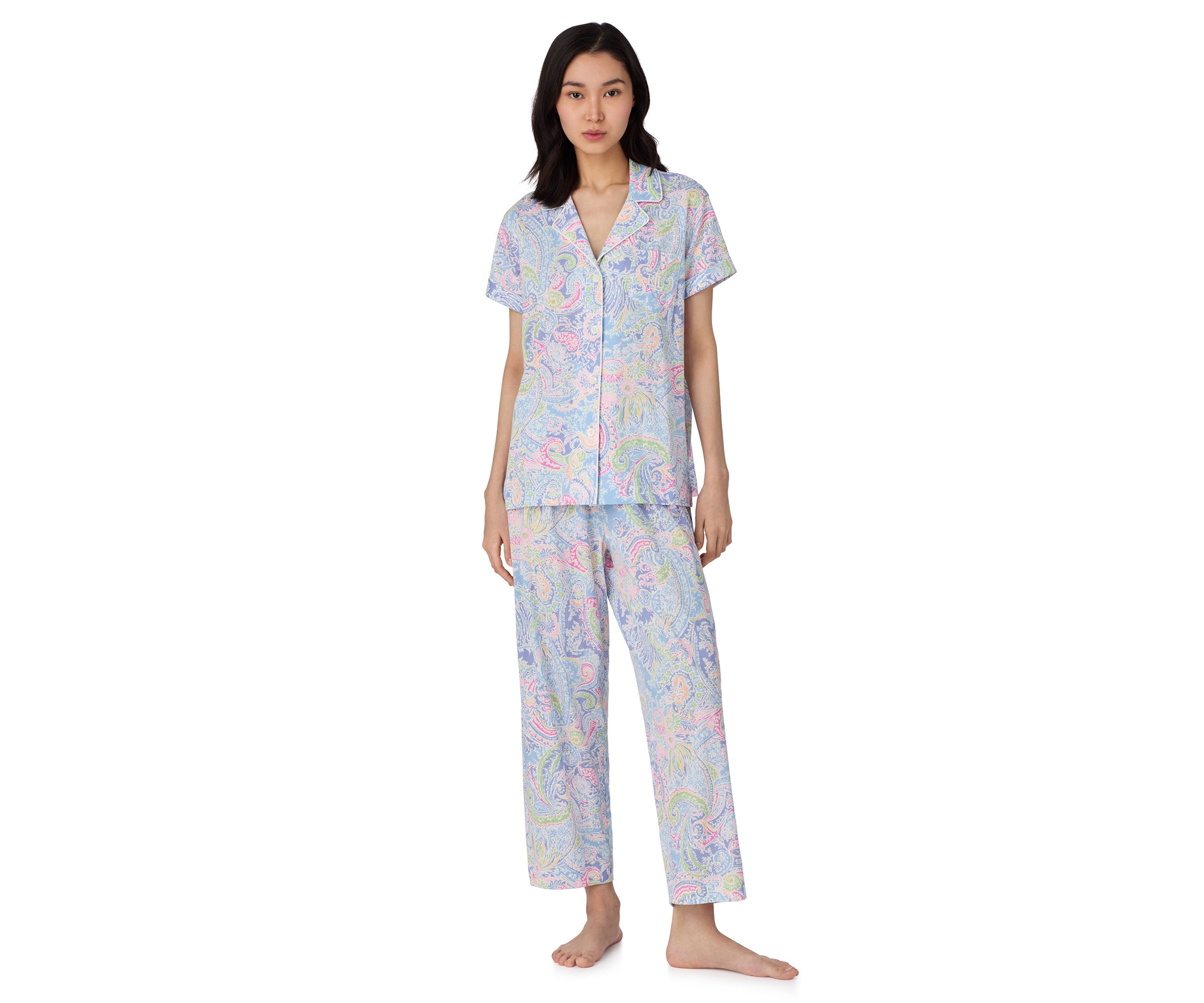 Short Sleeve Notch Collar Cropped Pants Pajama Set