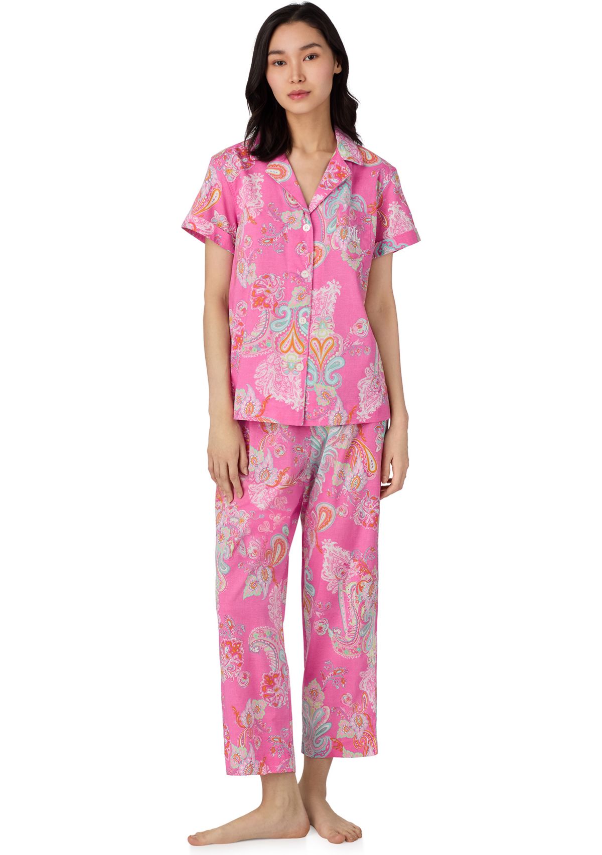 Short Sleeve Notch Collar Cropped Pant Pajama Set