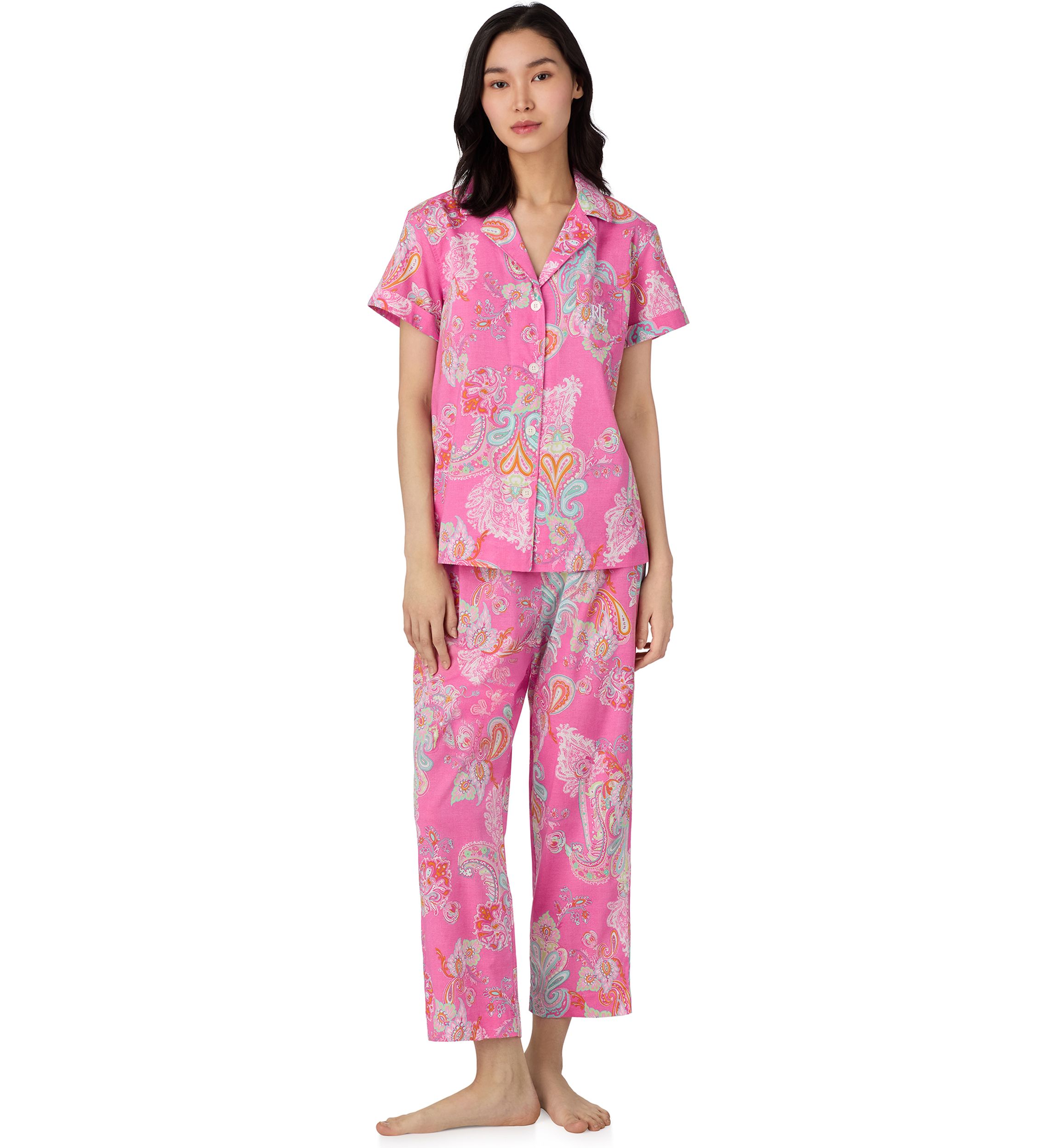 Short Sleeve Notch Collar Cropped Pant Pajama Set