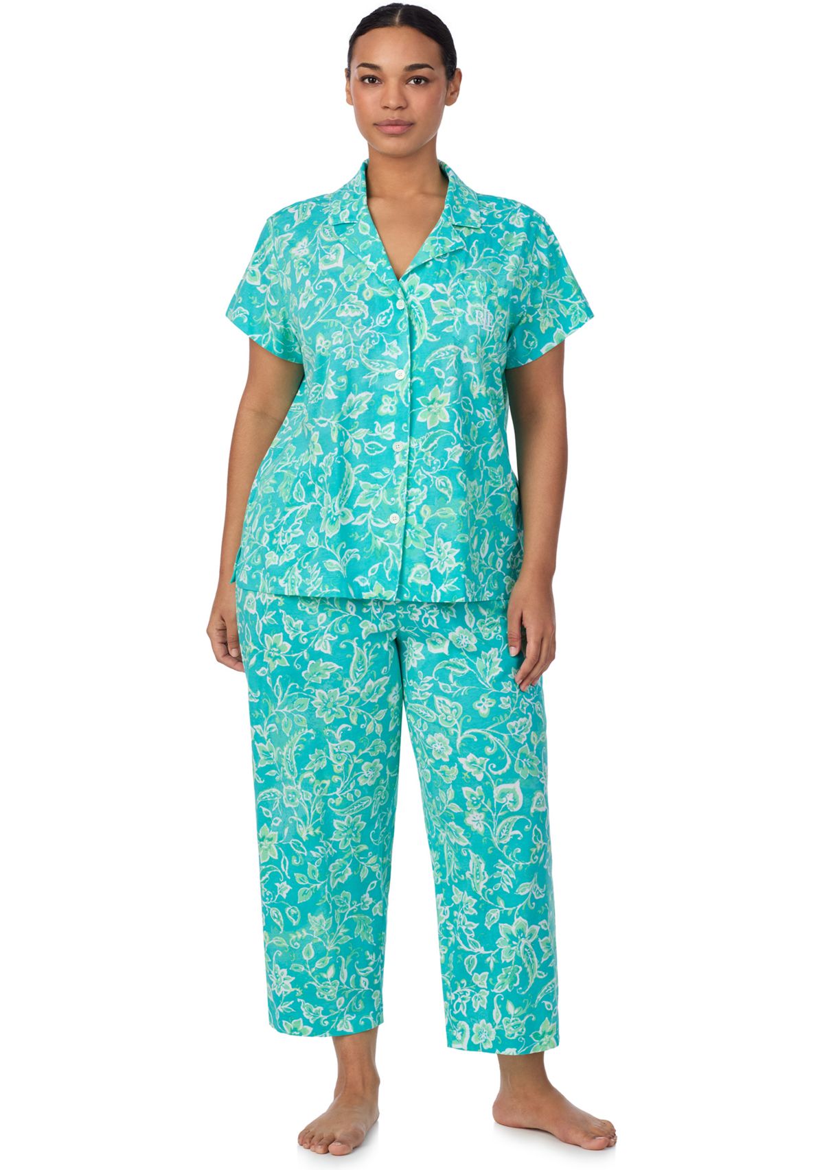 Plus Size Short Sleeve Notch Collar Cropped Pant Pajama Set