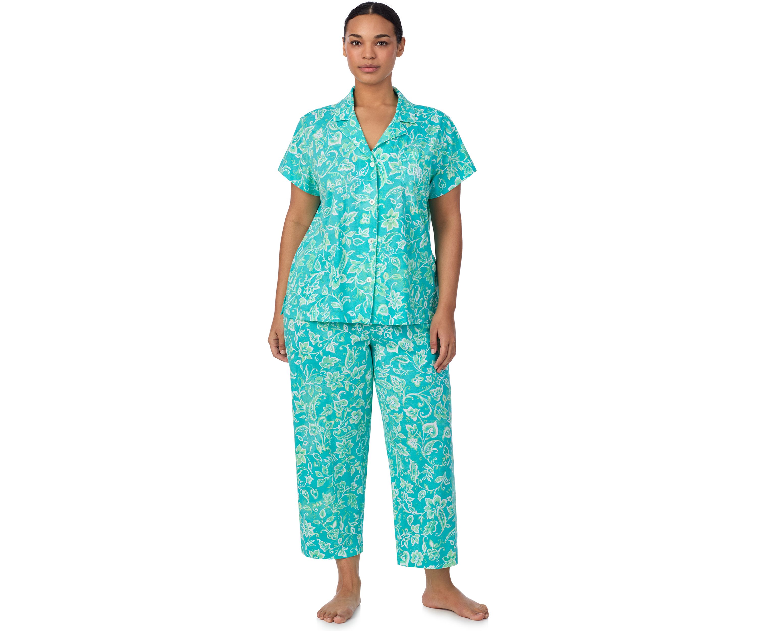 Plus Size Short Sleeve Notch Collar Cropped Pant Pajama Set