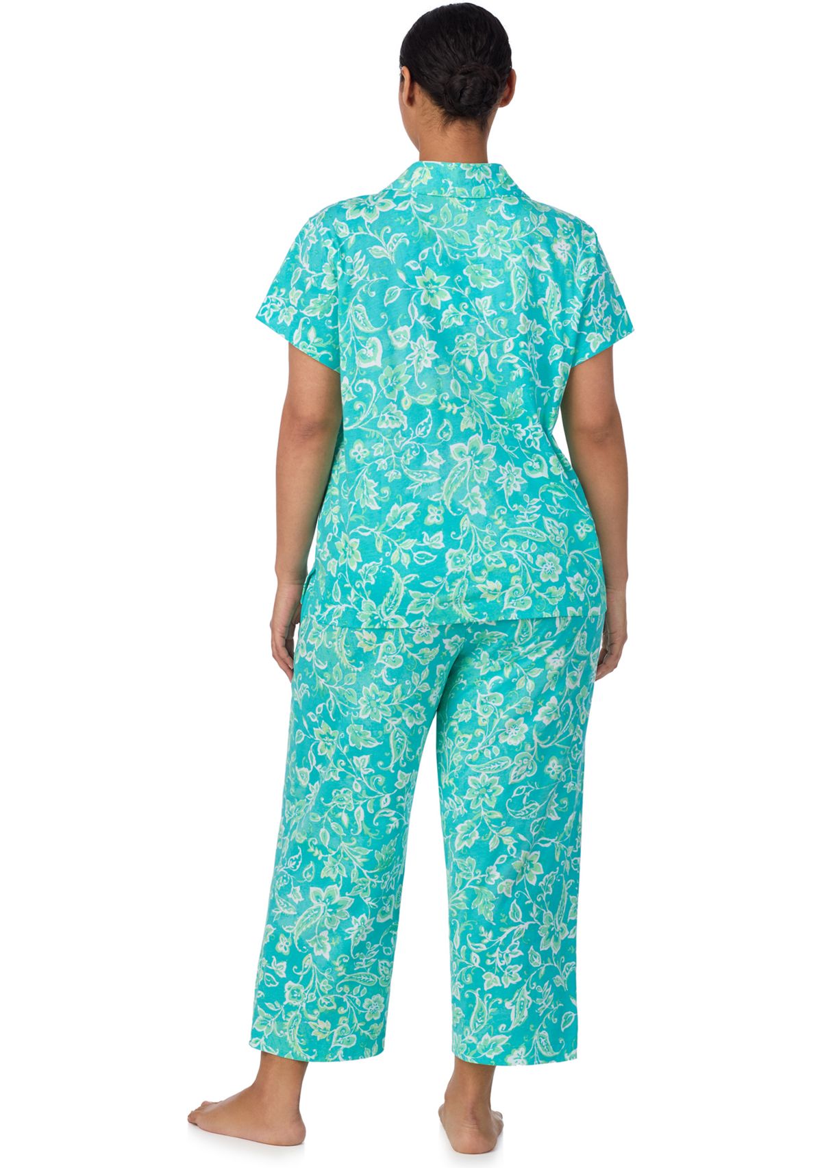 Plus Size Short Sleeve Notch Collar Cropped Pant Pajama Set