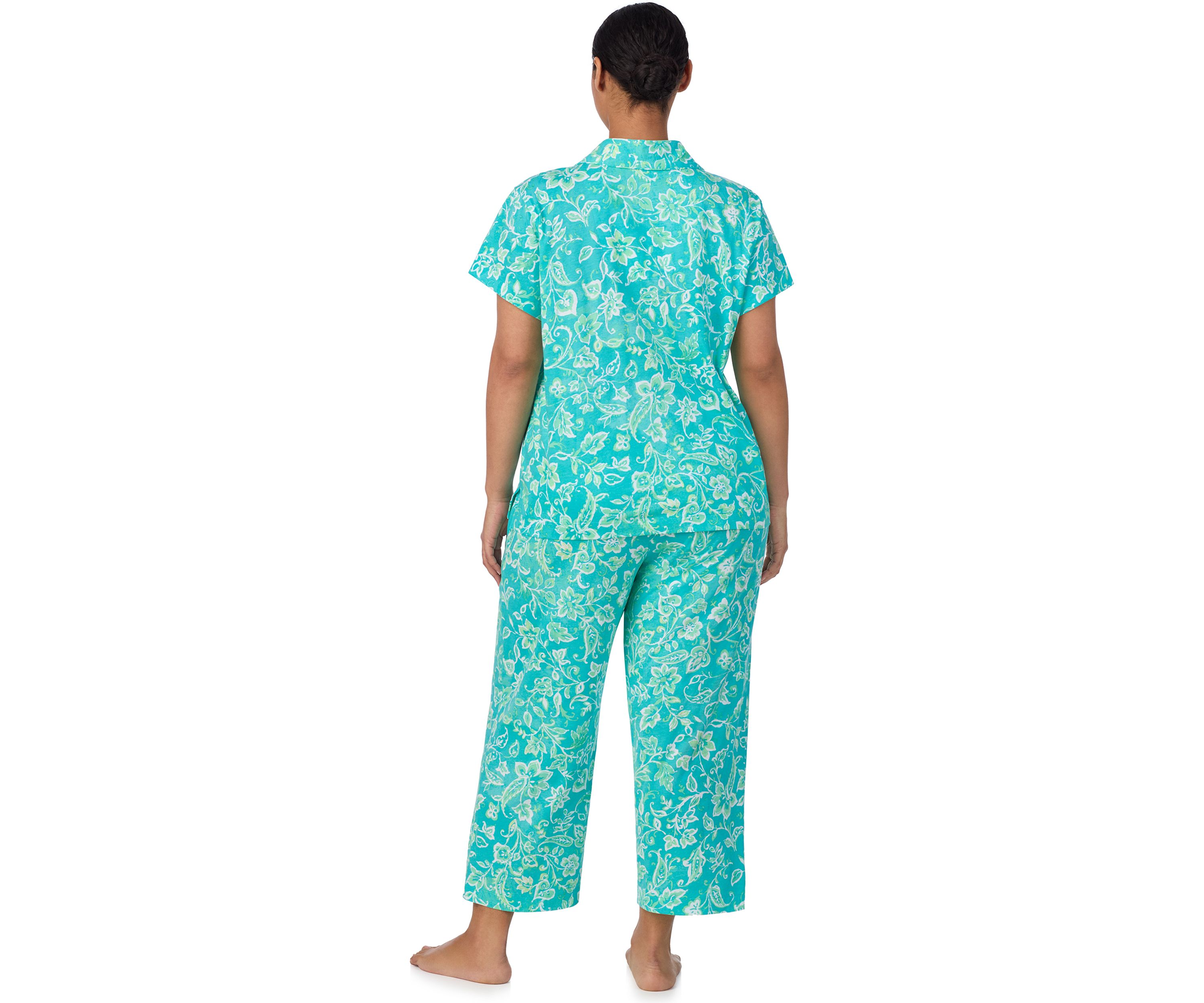 Plus Size Short Sleeve Notch Collar Cropped Pant Pajama Set