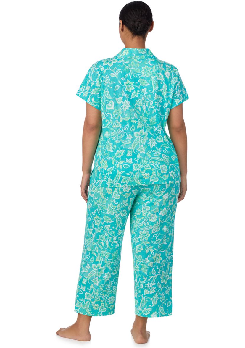 Plus Size Short Sleeve Notch Collar Cropped Pant Pajama Set