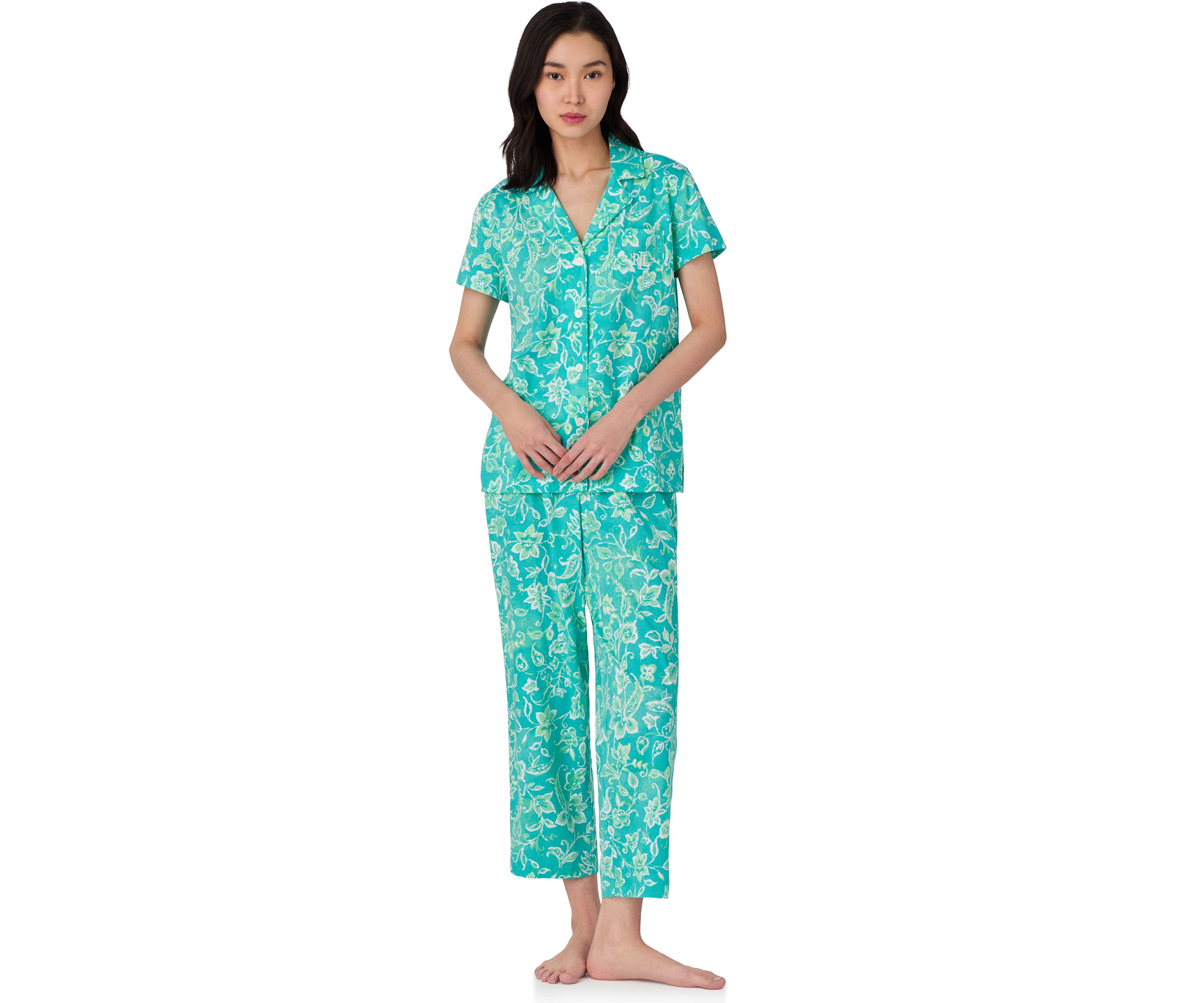Short Sleeve Notch Collar Cropped Pant Pajama Set