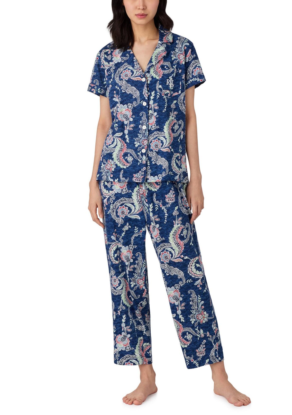 Short Sleeve Notch Collar Cropped Pant Pajama Set