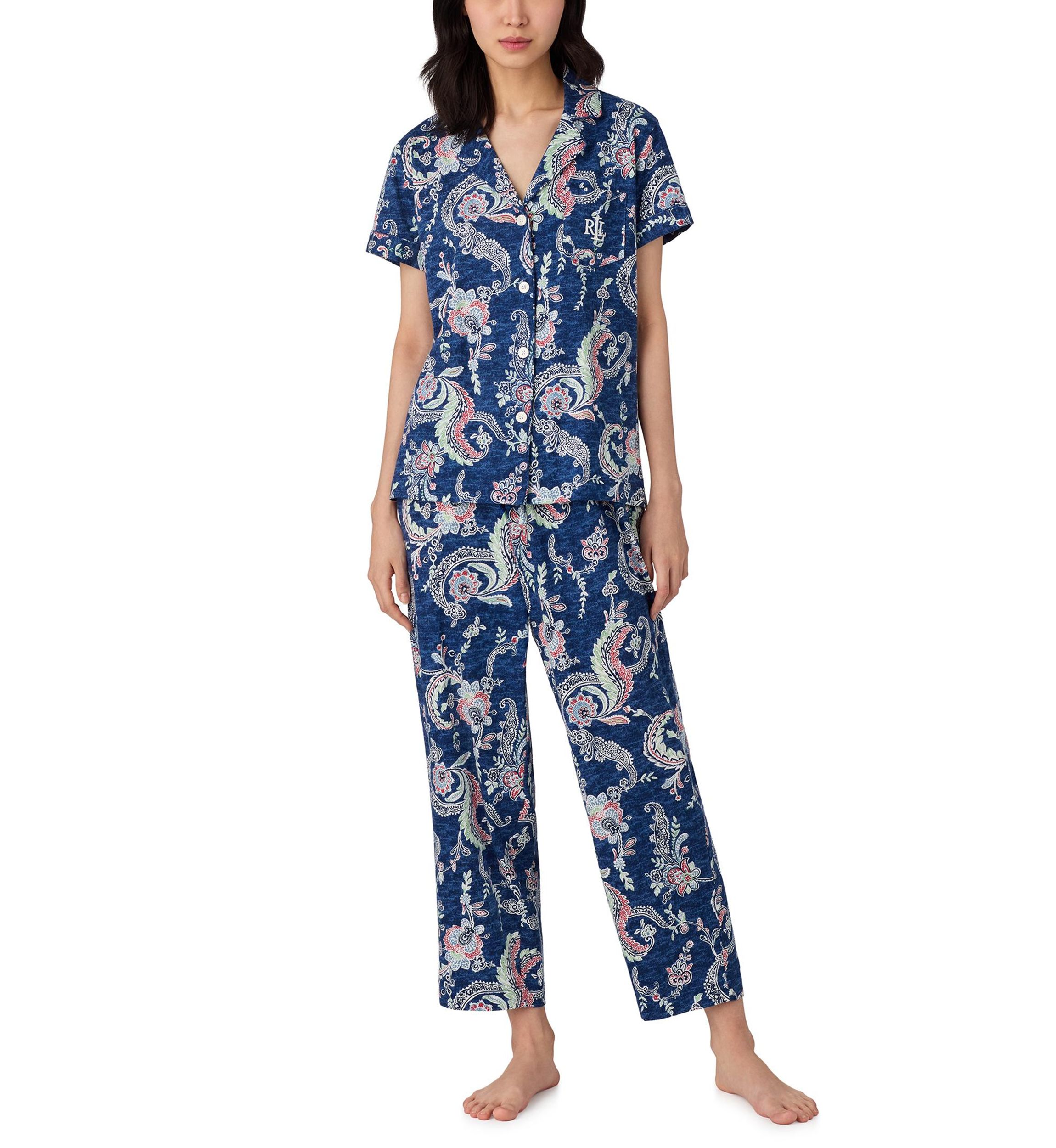 Short Sleeve Notch Collar Cropped Pant Pajama Set
