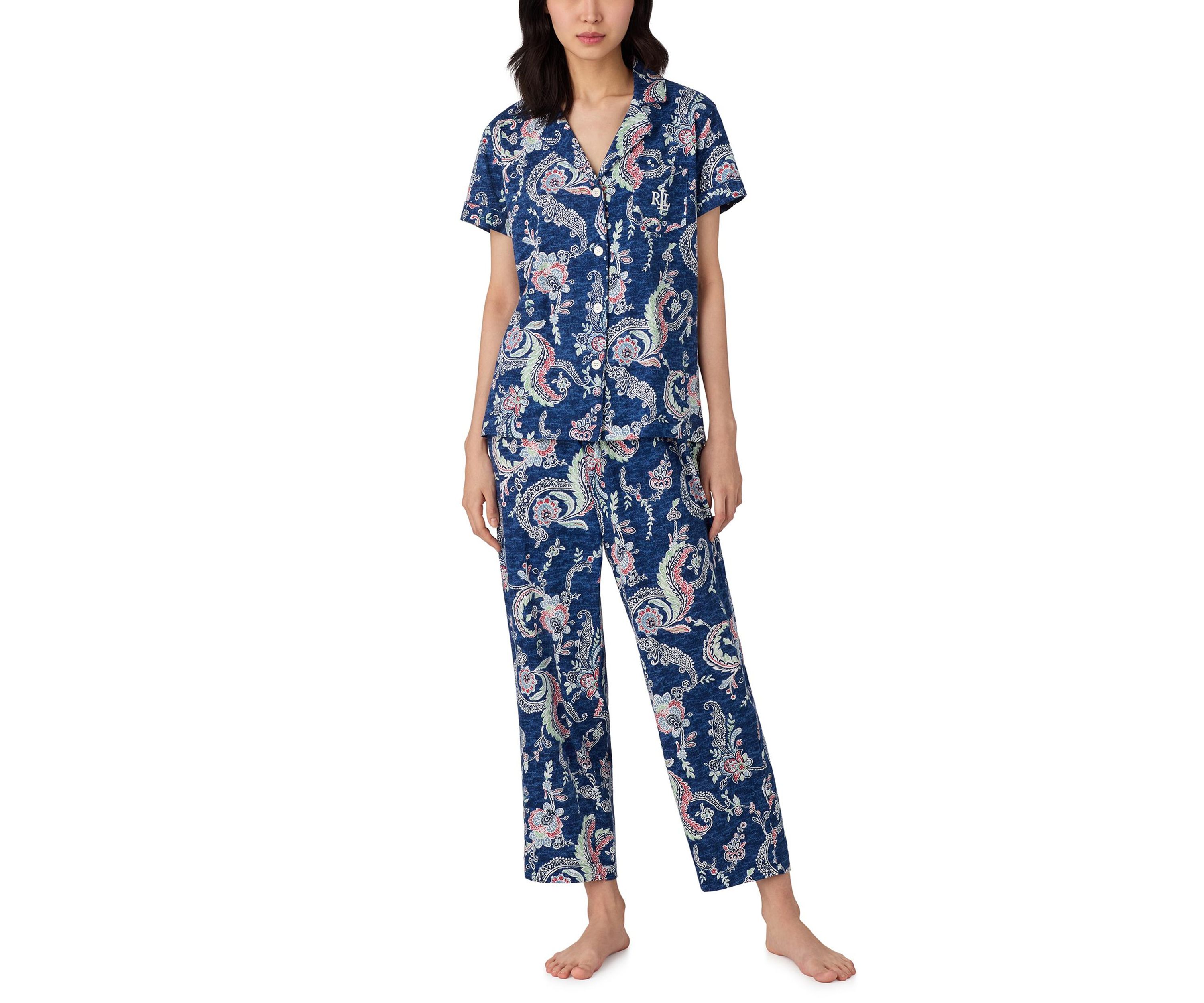 Short Sleeve Notch Collar Cropped Pant Pajama Set