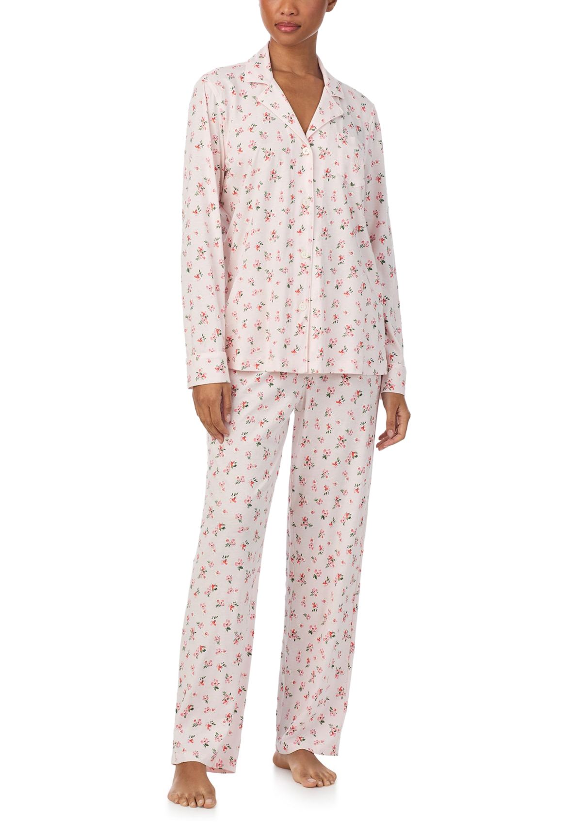 Long Sleeve Notch Collar Top and Long Pants Pajama Set
