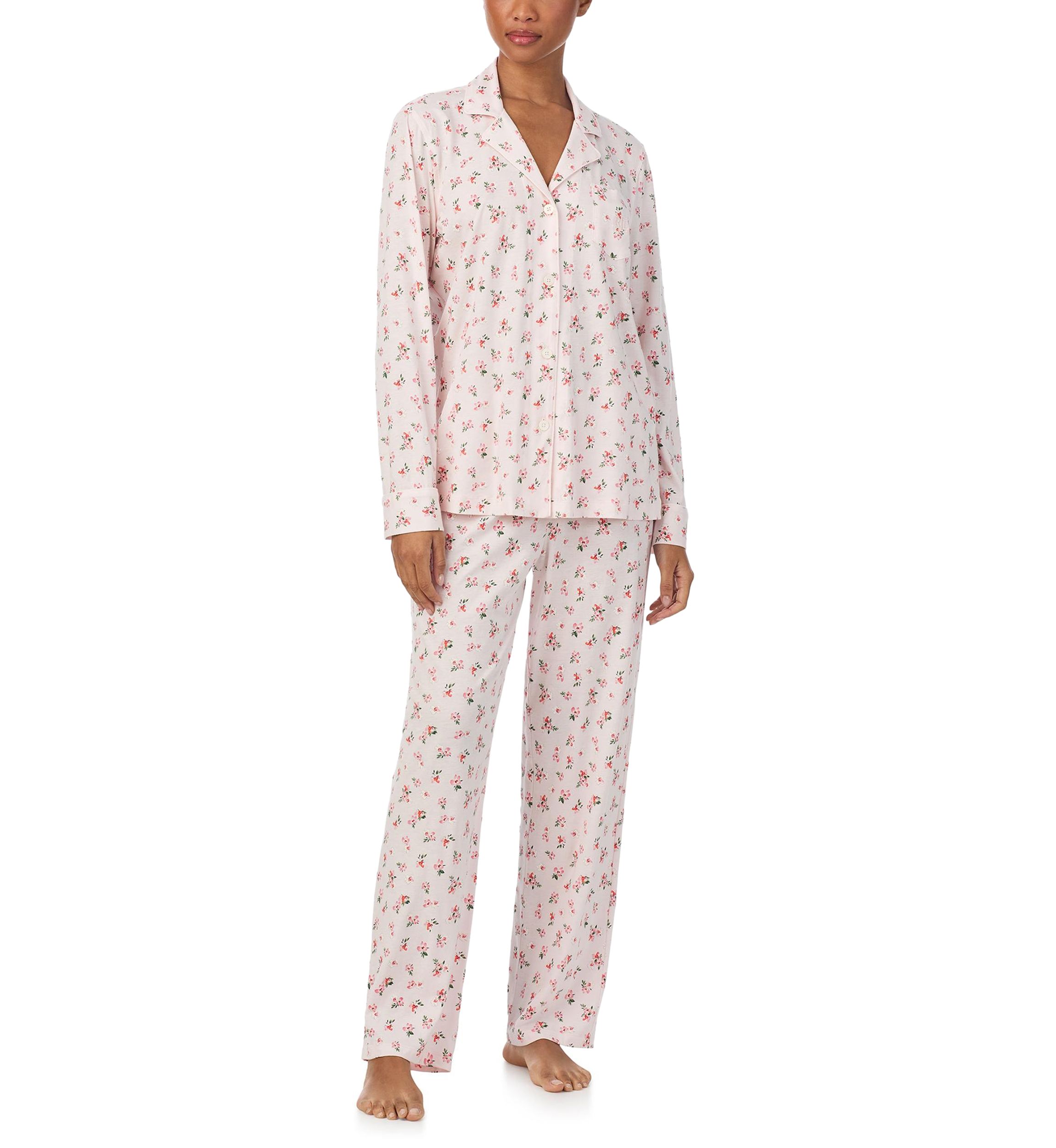Long Sleeve Notch Collar Top and Long Pants Pajama Set