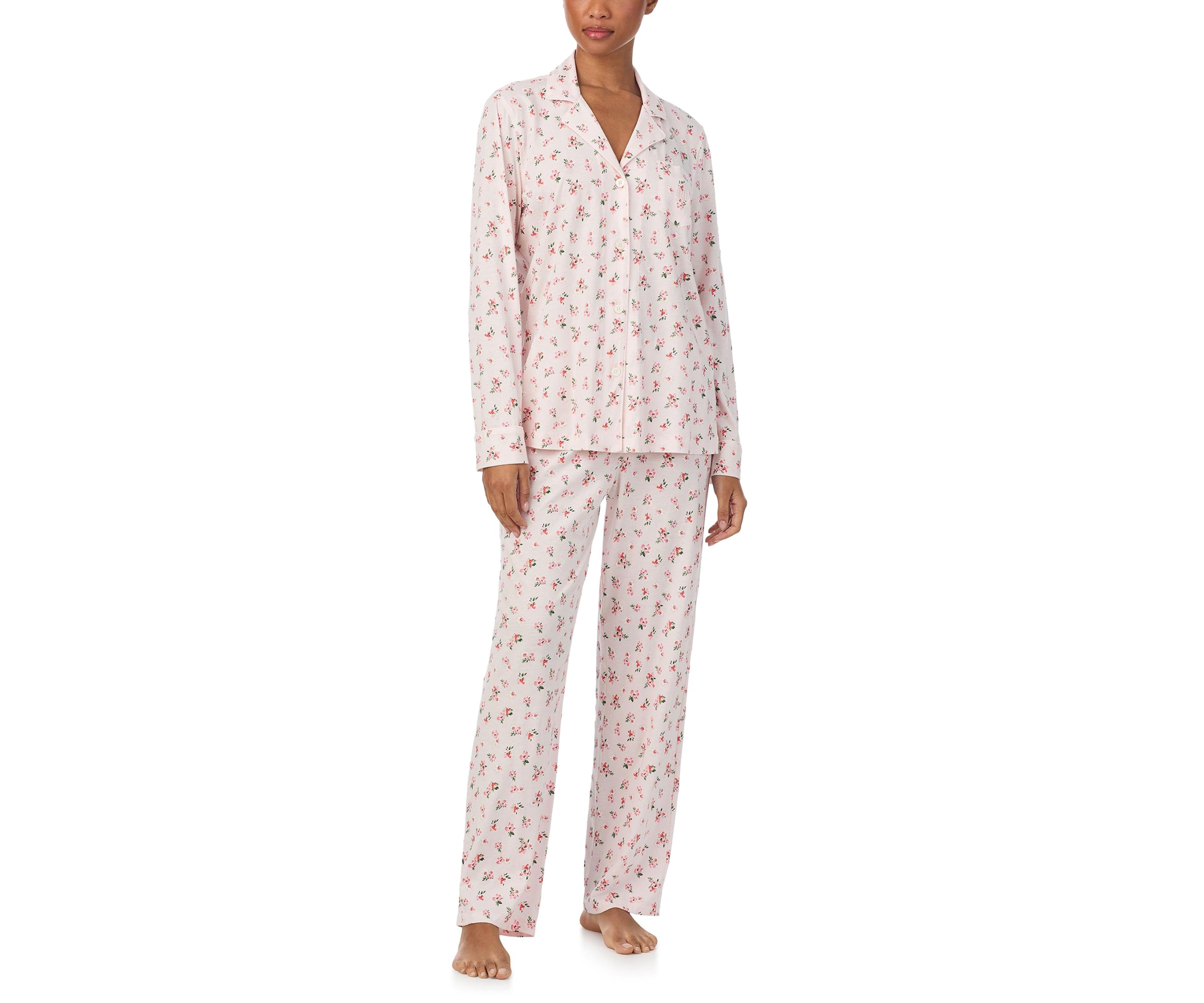 Long Sleeve Notch Collar Top and Long Pants Pajama Set