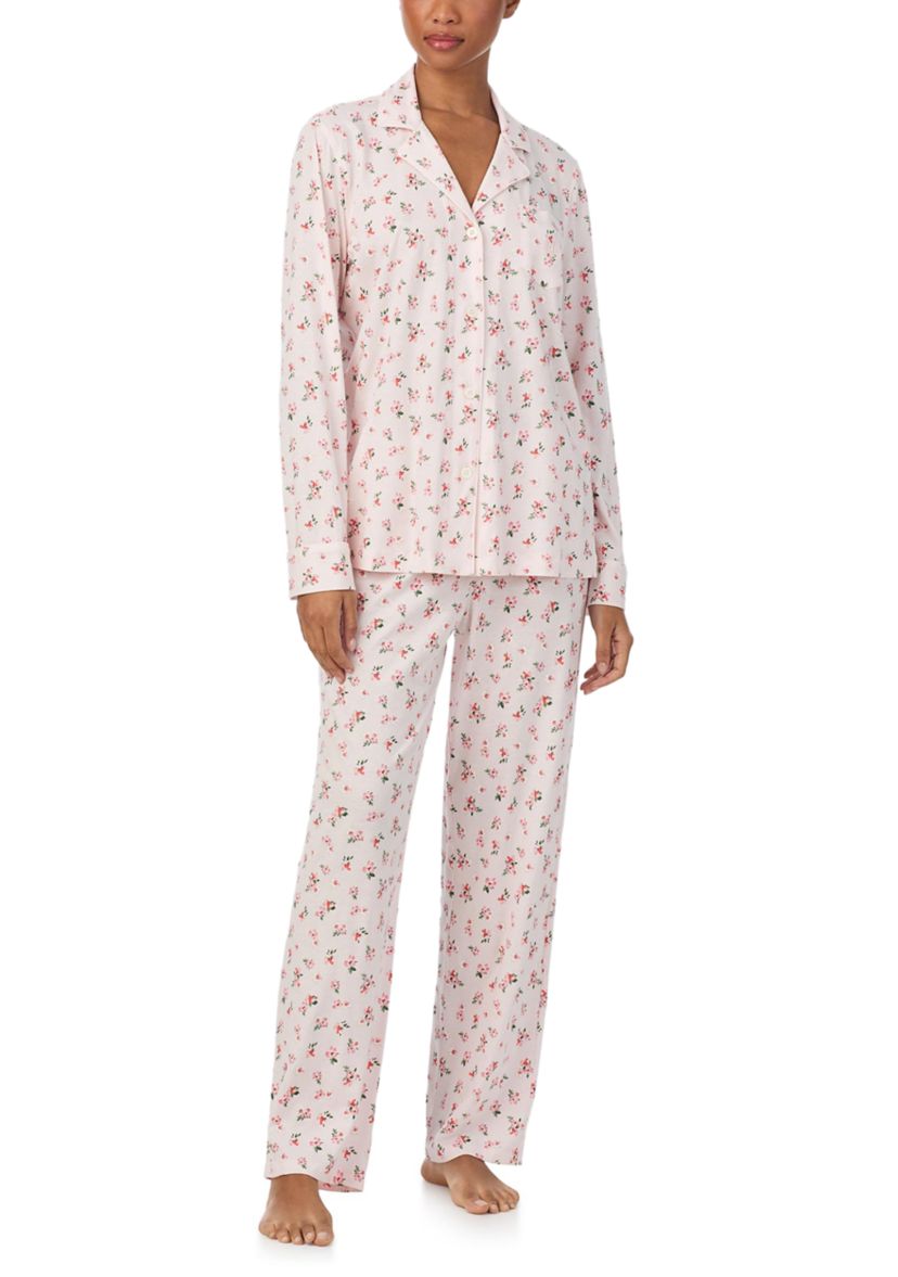 Long Sleeve Notch Collar Top and Long Pants Pajama Set