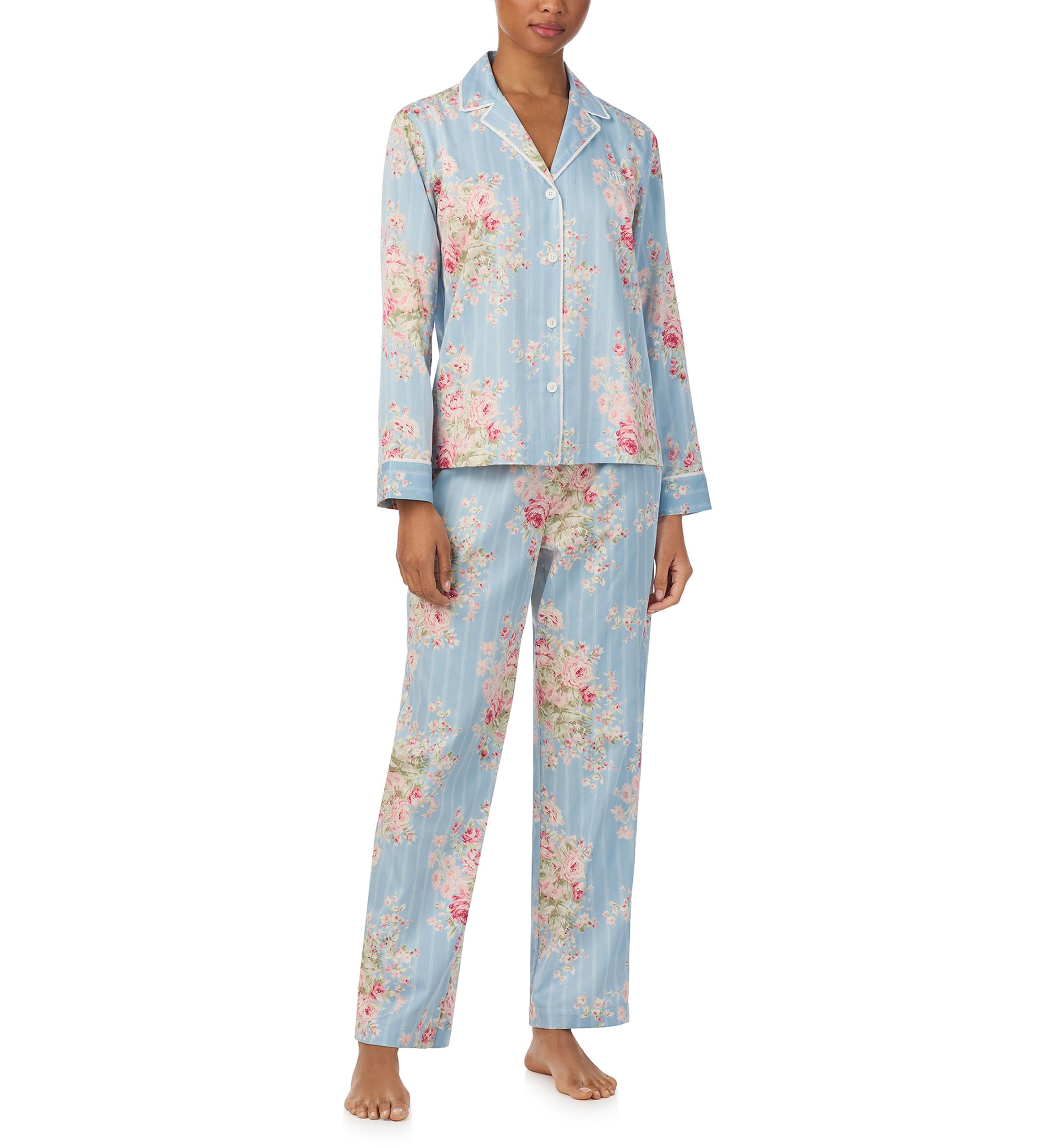 Long Sleeve and Pants Woven Notch PJ Set