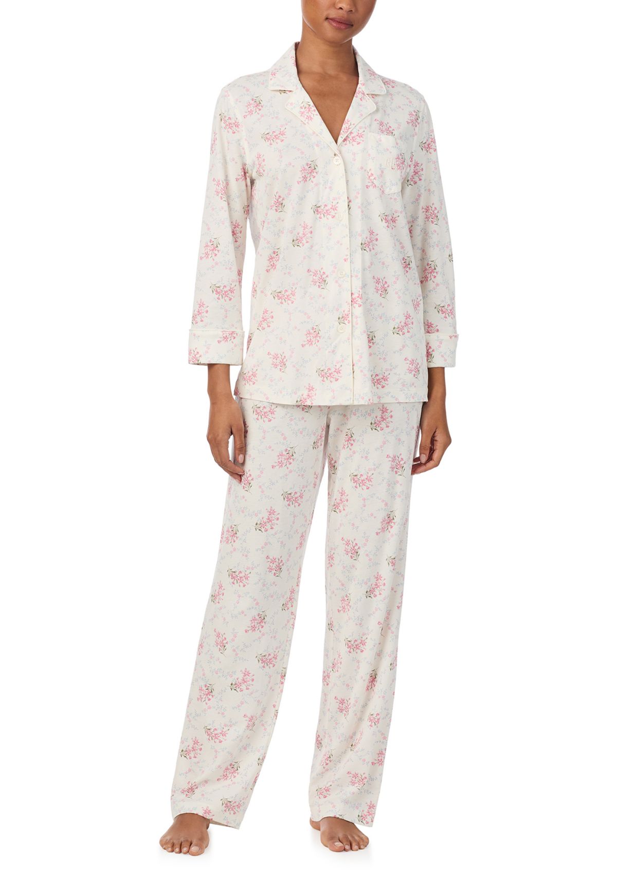 3/4 Sleeve Notch Collar Long Pant Pajama Set