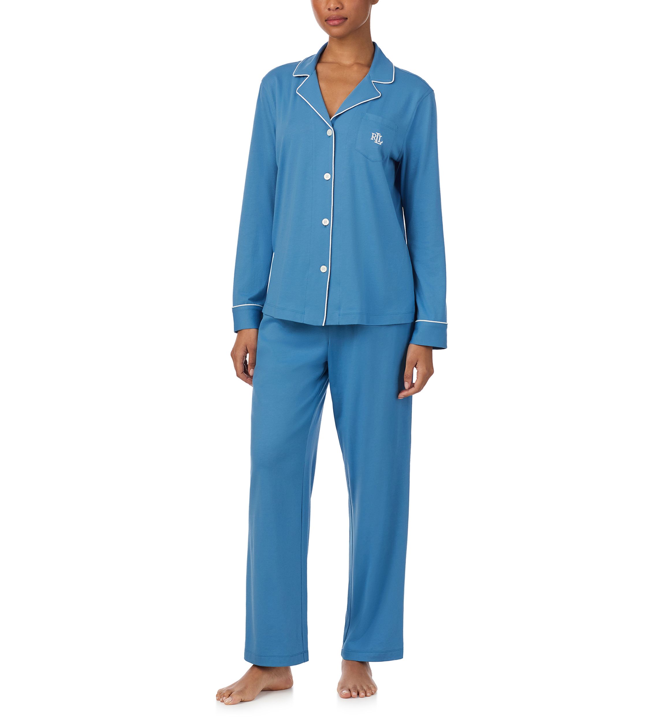 Long Sleeve and Pants Knit Notch PJ Set