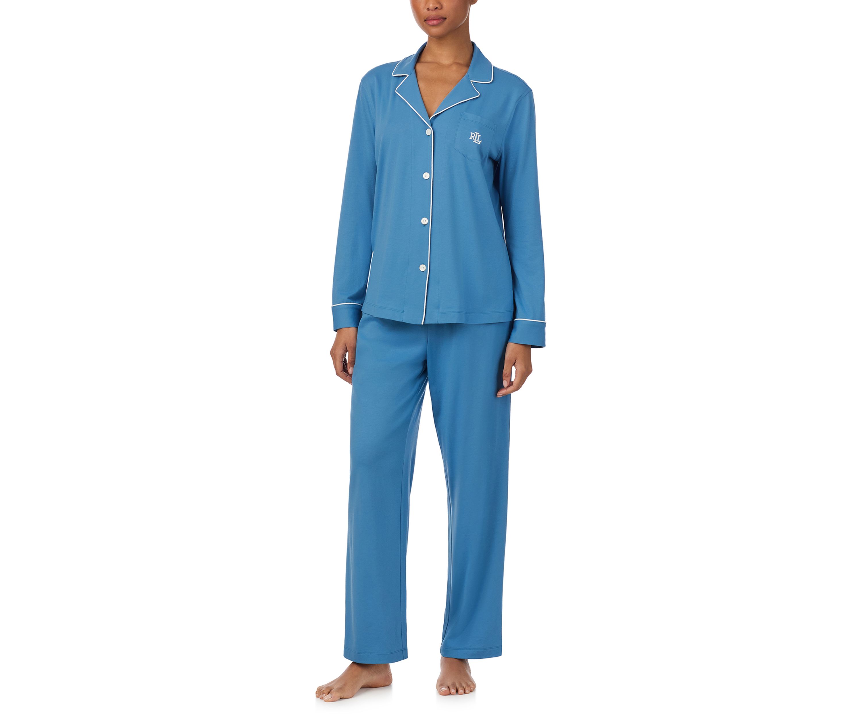 Long Sleeve and Pants Knit Notch PJ Set