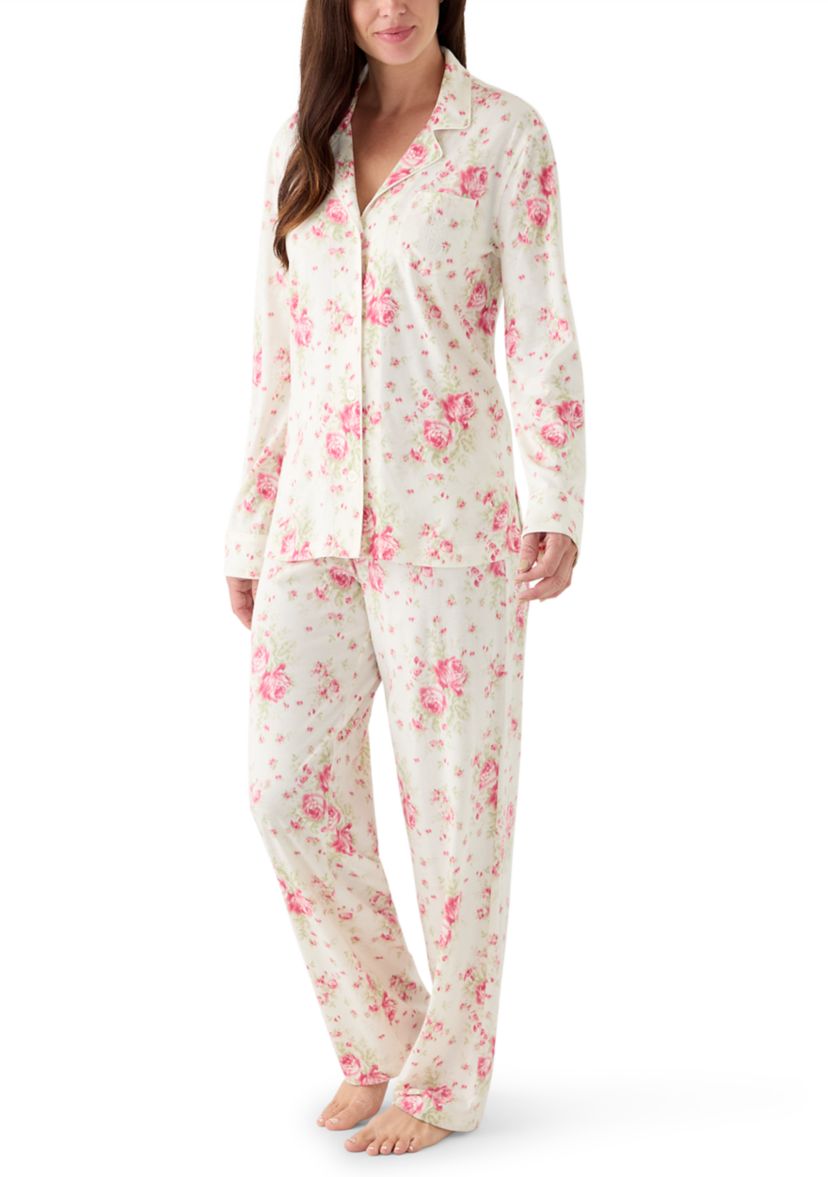 Womens Long Sleeve Notch Collar Long Pant Pajama Set