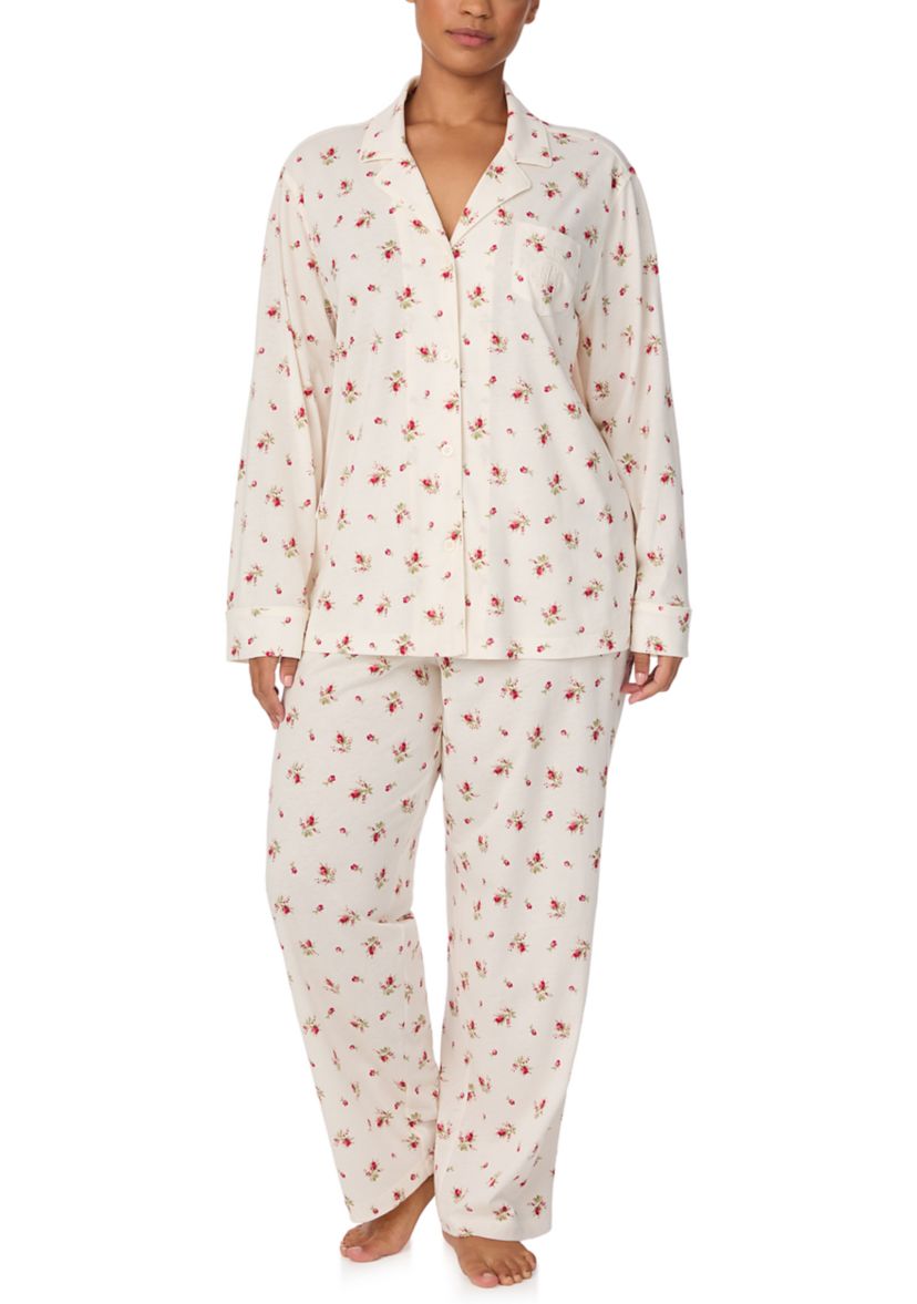 Plus Size Long Sleeve Notch Collar Long Pant Pajama Set