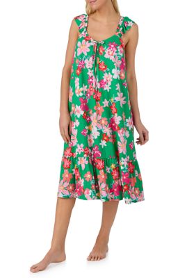 Ellen Tracy Women's V-Neck Midi Nightgown - Green Floral