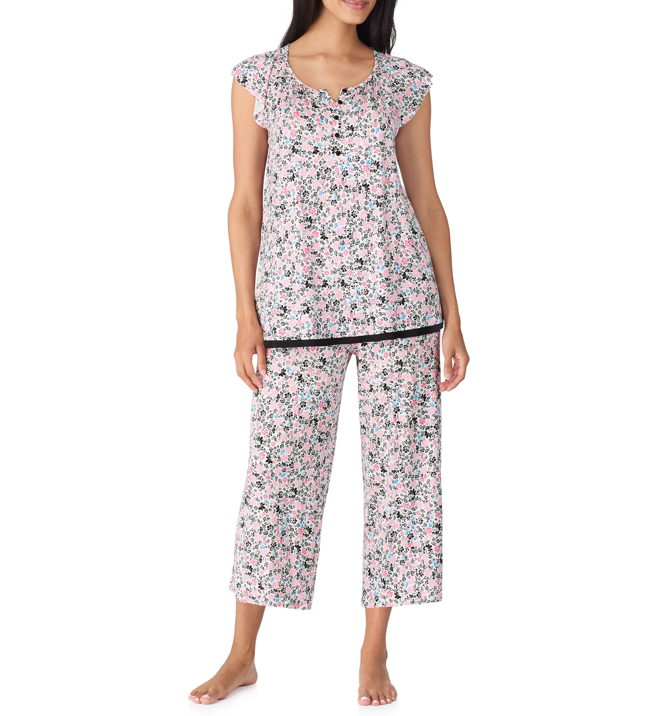 Printed Flutter Sleeve Top and Printed Pajama Pants Set