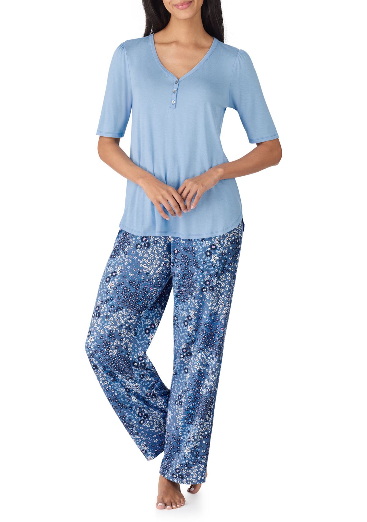 Above Elbow Sleeve Long Wide Leg Pant Pajama Set