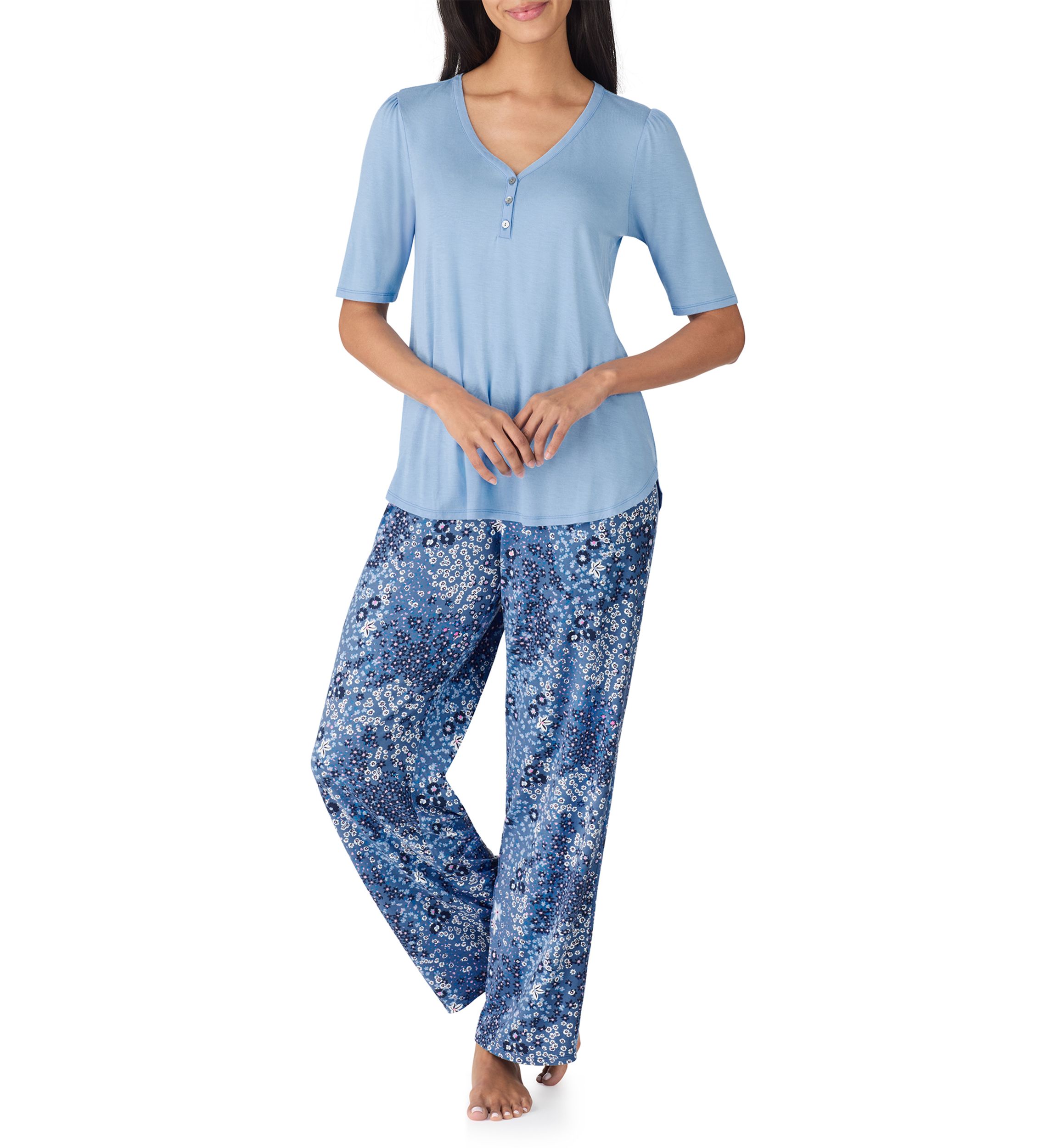 Above Elbow Sleeve Long Wide Leg Pant Pajama Set