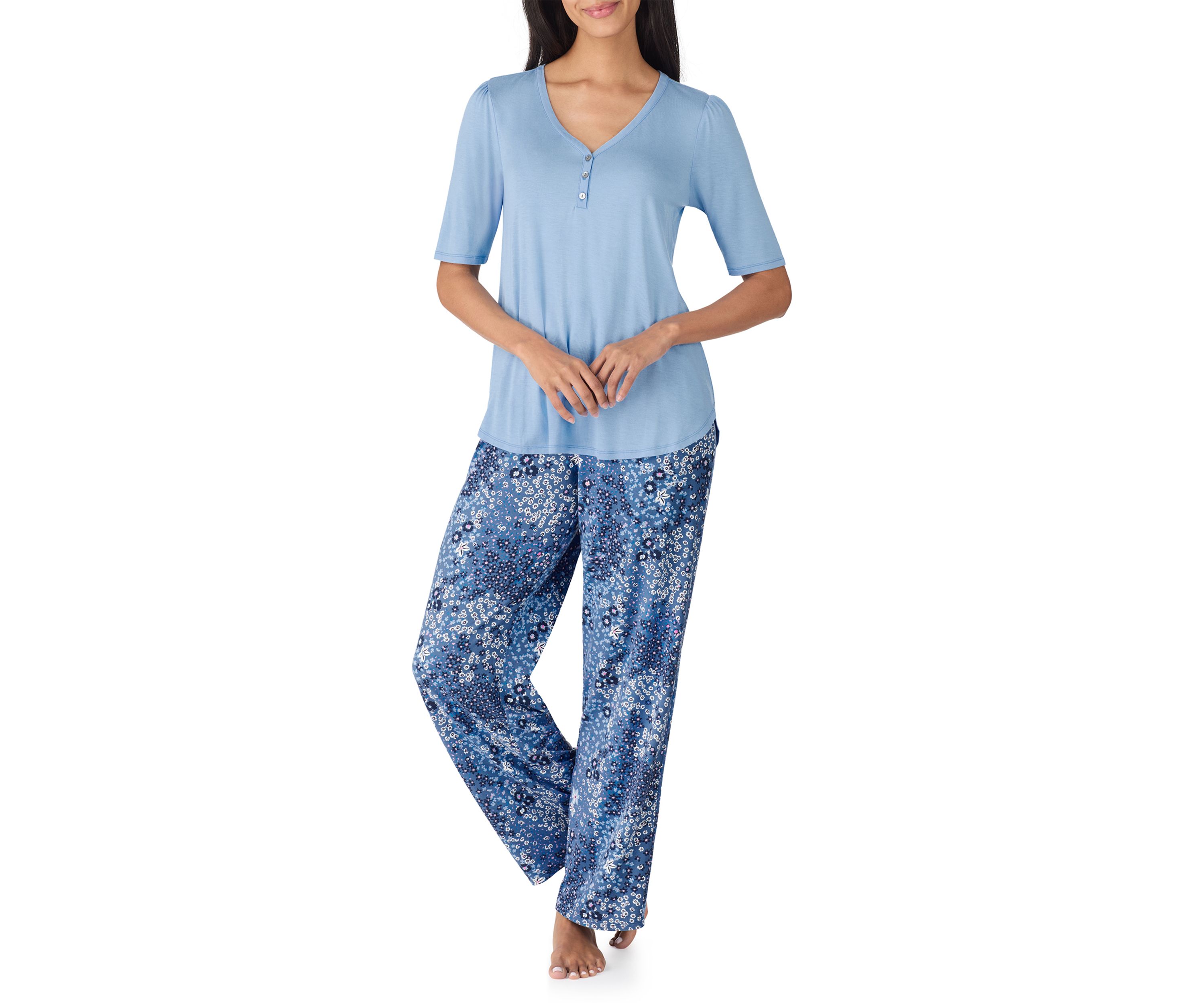 Above Elbow Sleeve Long Wide Leg Pant Pajama Set